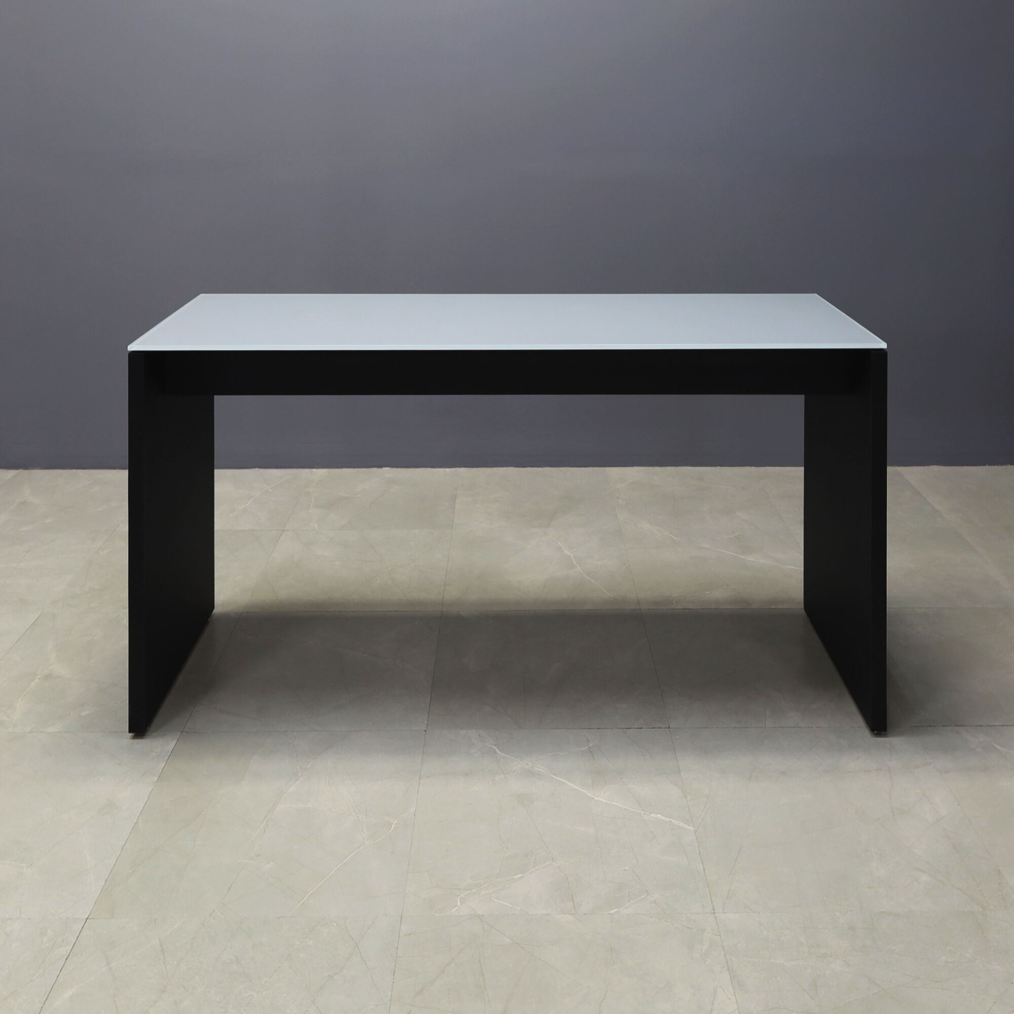 72-inch Ashville Bar Table in 1/2-inch gray tempered glass top and black traceless laminate base.