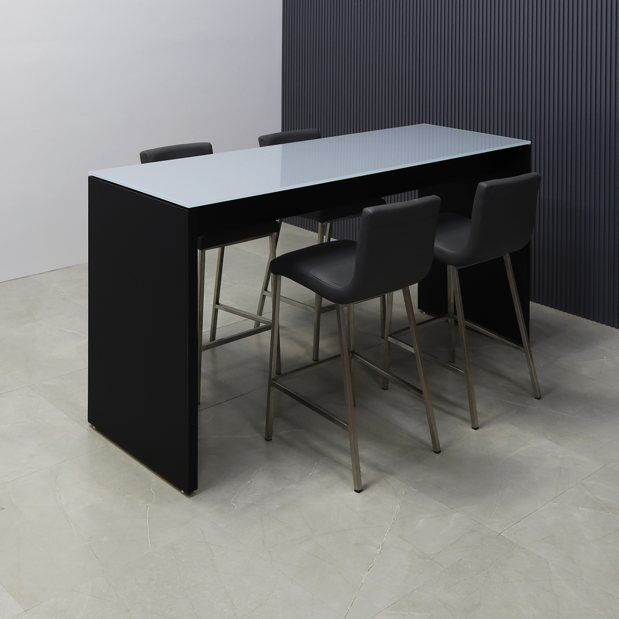 Ashville Tempered Glass Bar Table in medium gray top and black traceless laminate base shown here.