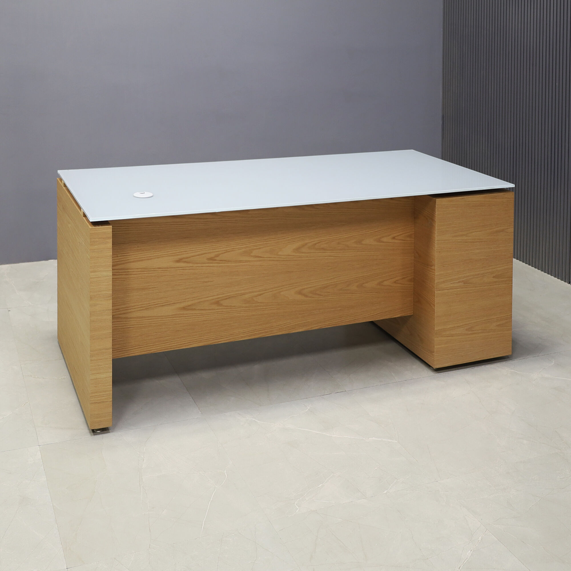 72-inch Denver Straight Executive Desk in 1/2-inch medium gray tempered glass top and white oak veneer base, cabinet & privacy panel.