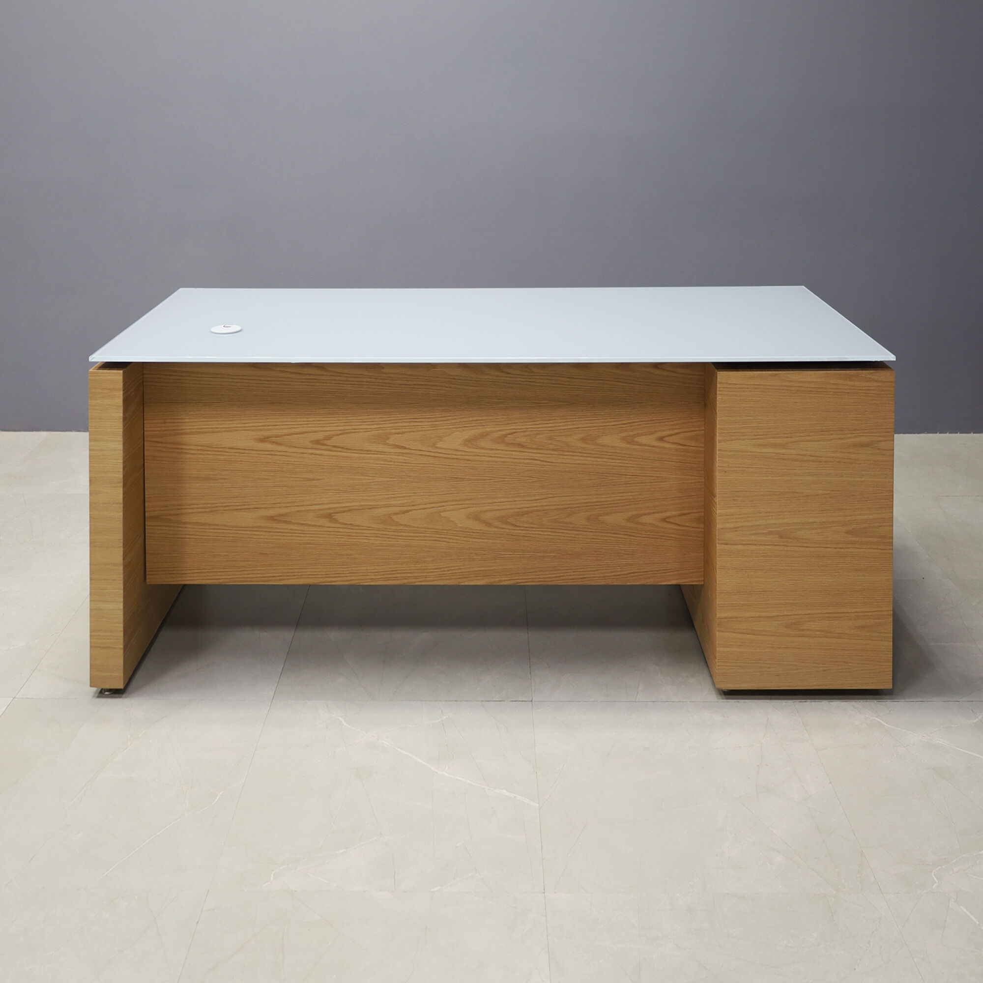 72-inch Denver Straight Executive Desk in 1/2-inch medium gray tempered glass top and white oak veneer base, cabinet & privacy panel.
