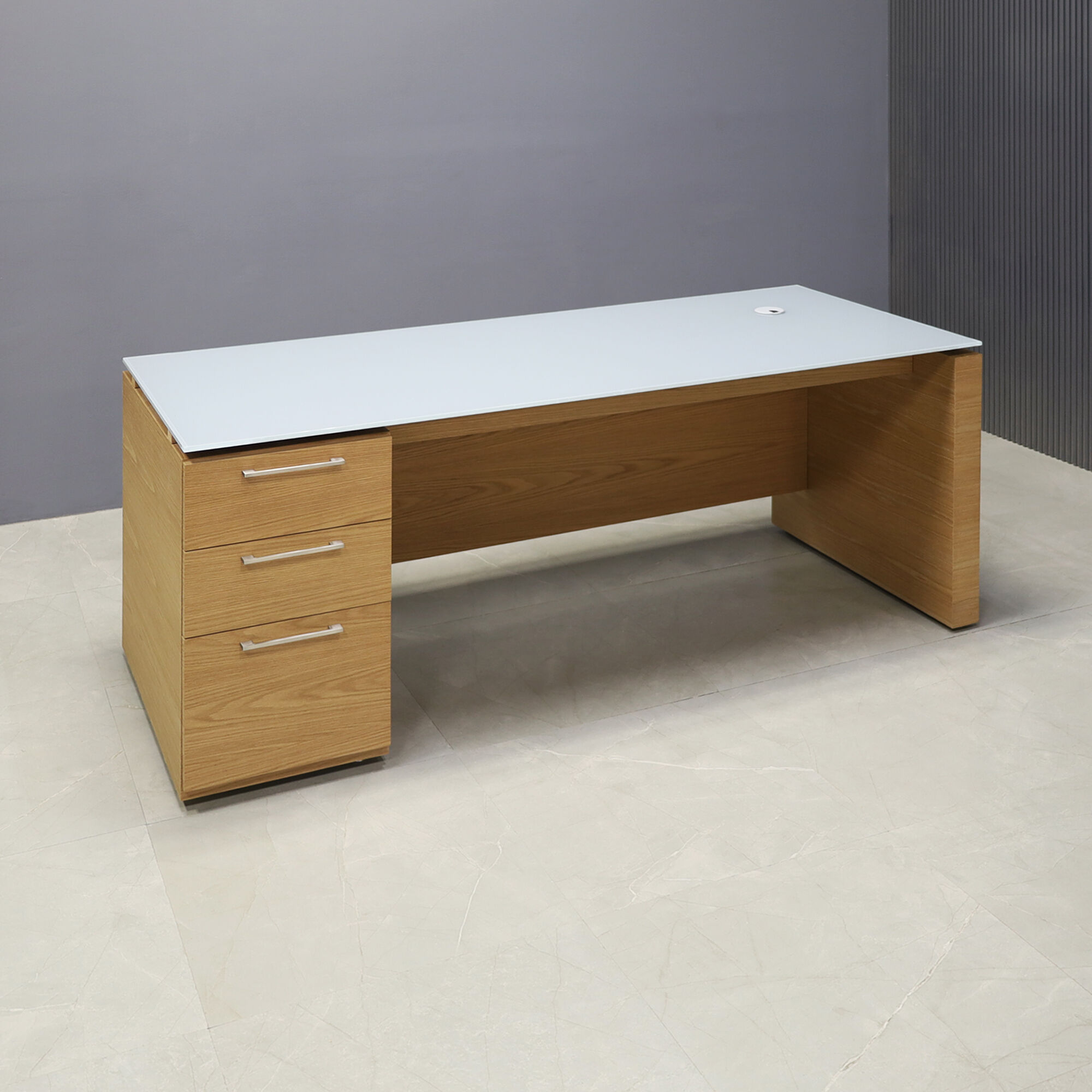 72-inch Denver Straight Executive Desk in 1/2-inch medium gray tempered glass top and white oak veneer base, cabinet & privacy panel.