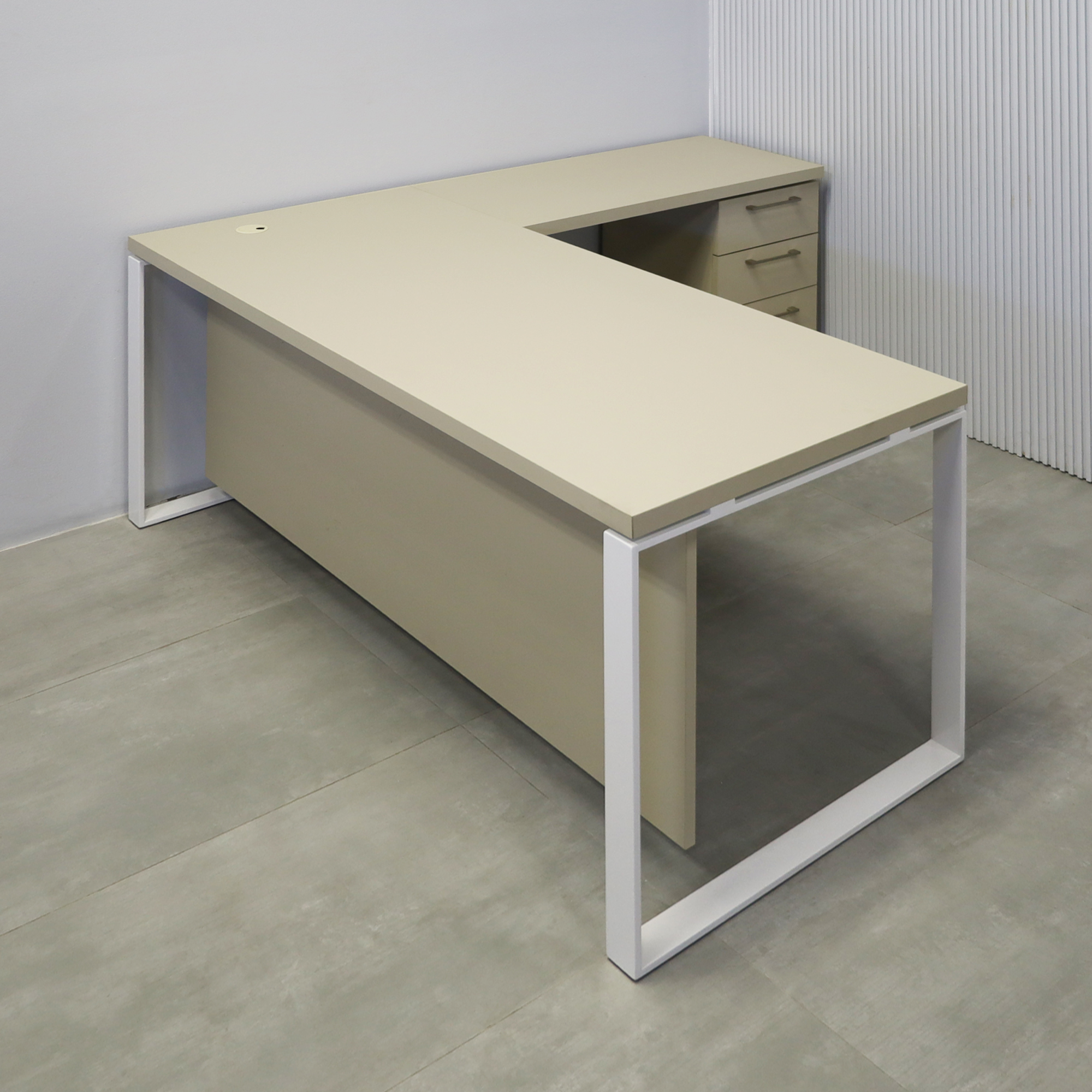 72-inch Aspen L-Shape Executive Desk With Laminate Top, Taupe Matte PVC Laminate top, Taupe Matte Laminate storage & panel, and White Powder-Coated Metal base.
