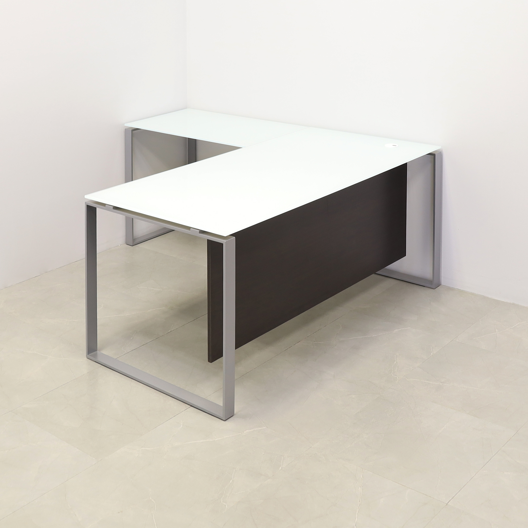 Aspen L-Shape Executive Desk With Tempered Glass Top in white top, black matte laminate and silver metal legs shown here.