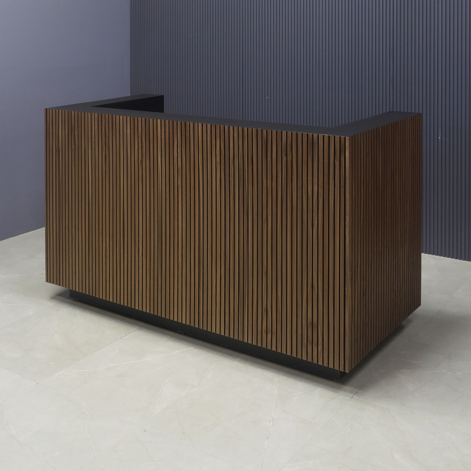 72-inch Dallas U-Shape Reception Desk in walnut & black tambour main desk, and black traceless laminate workspace & toe-kick.