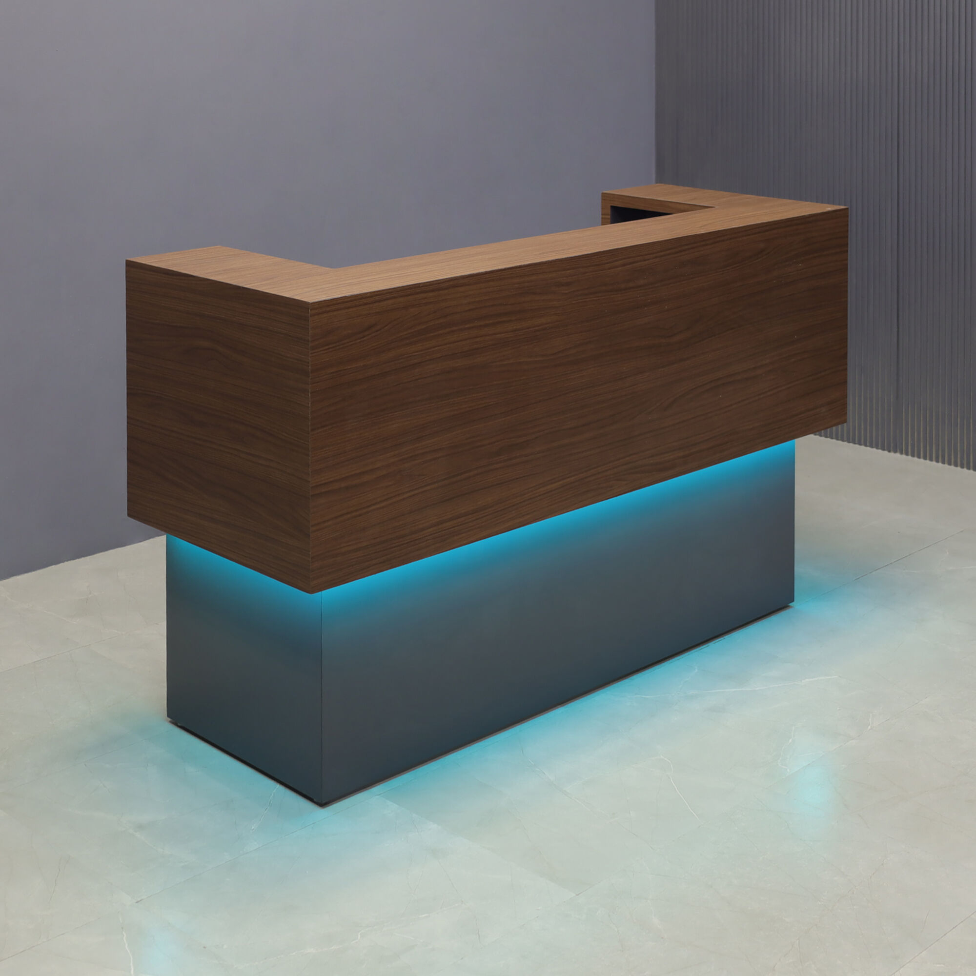 72-inch San Francisco U-Shape Custom Reception Desk with walnut heights matte laminate counter, and storm gray matte laminate desk.