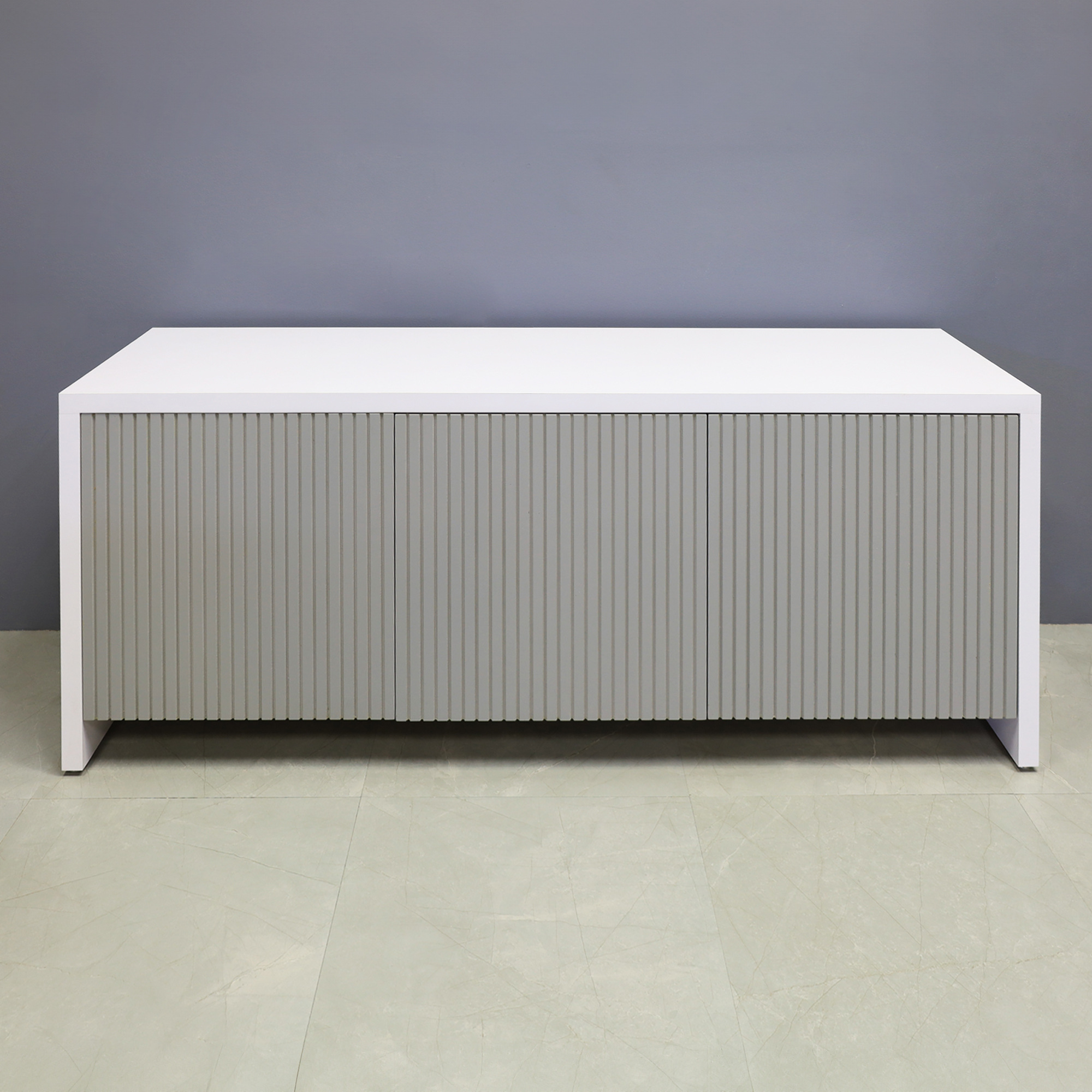 72-inch Boston Storage Credenza in white gloss laminate credenza, and fog gray tambour doors.