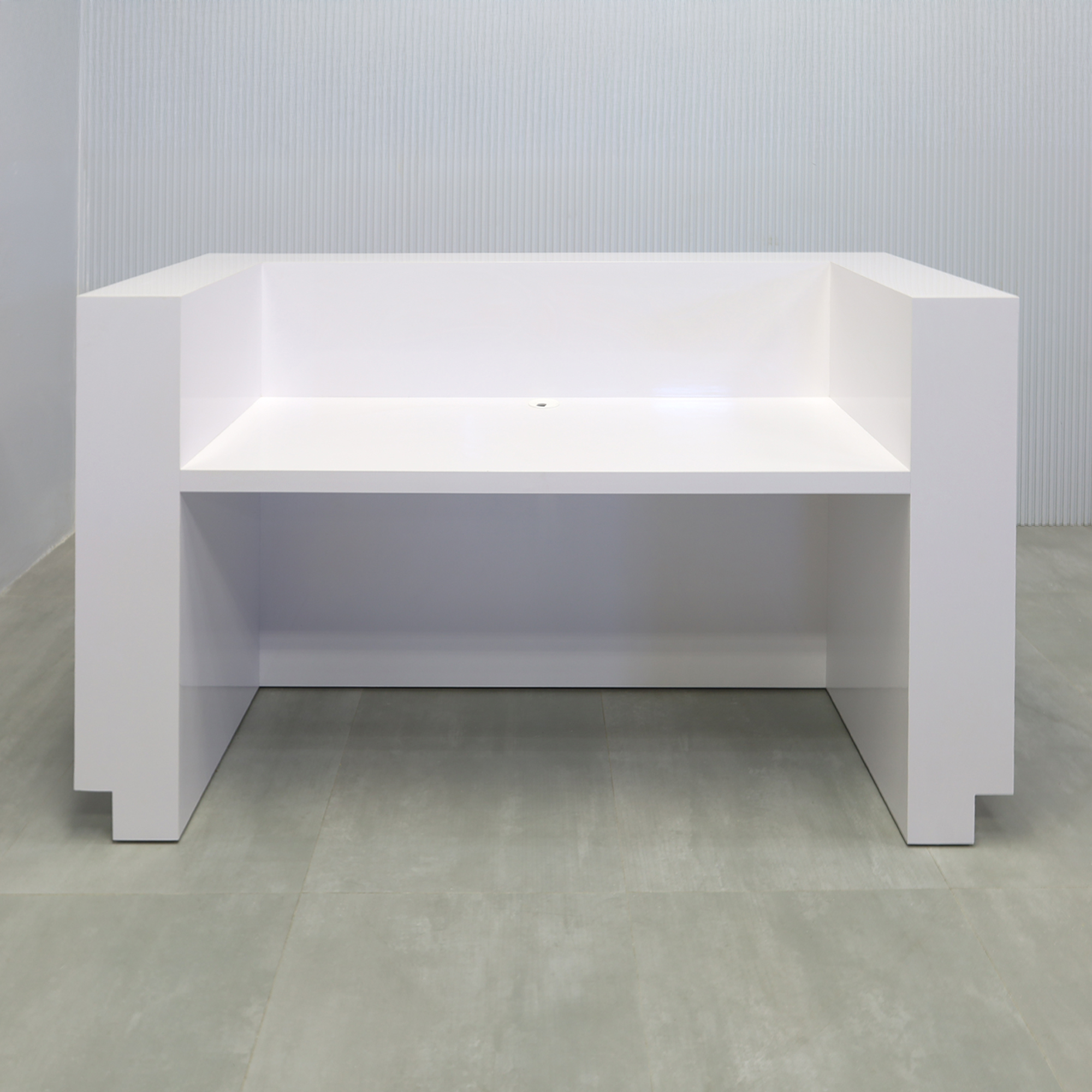 72-inch Manhattan U-Shape Reception Desk with white gloss laminate desk, pantone 021 organe gloss paint (Special) laminate accent panel, brushed aluminum toe-kick, and white LED.
