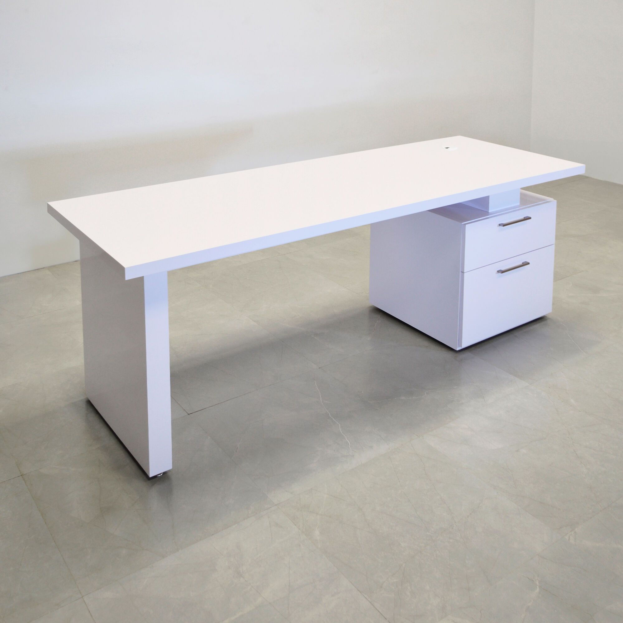 72-inch Avenue Straight Executive Desk with cabinet on the right side when sitting, in white gloss laminate top, base & cabinet, shown here.