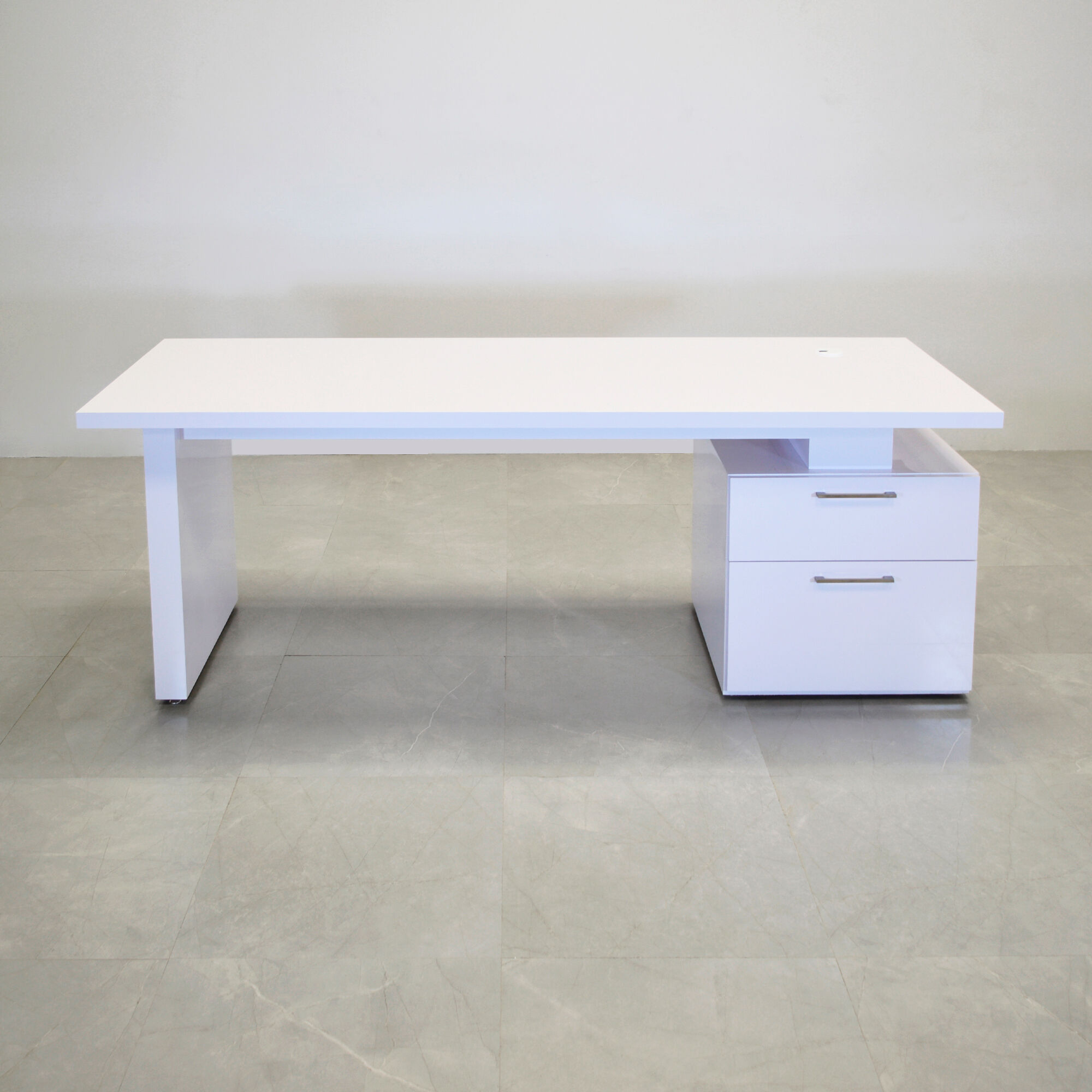 72-inch Avenue Straight Executive Desk with cabinet on the right side when sitting, in white gloss laminate top, base & cabinet, shown here.
