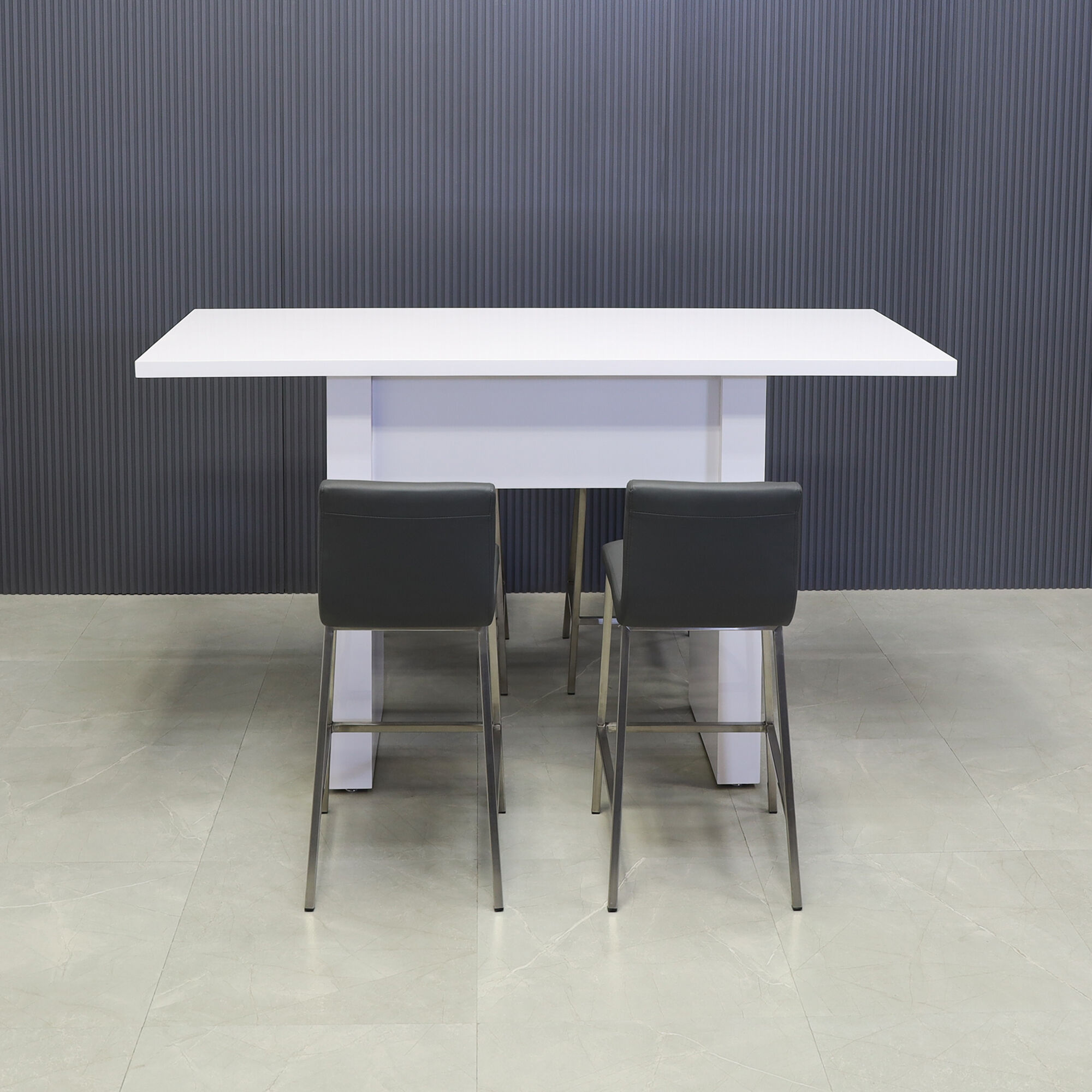 72-inch Windsor Bar Table in white gloss laminate top and base.