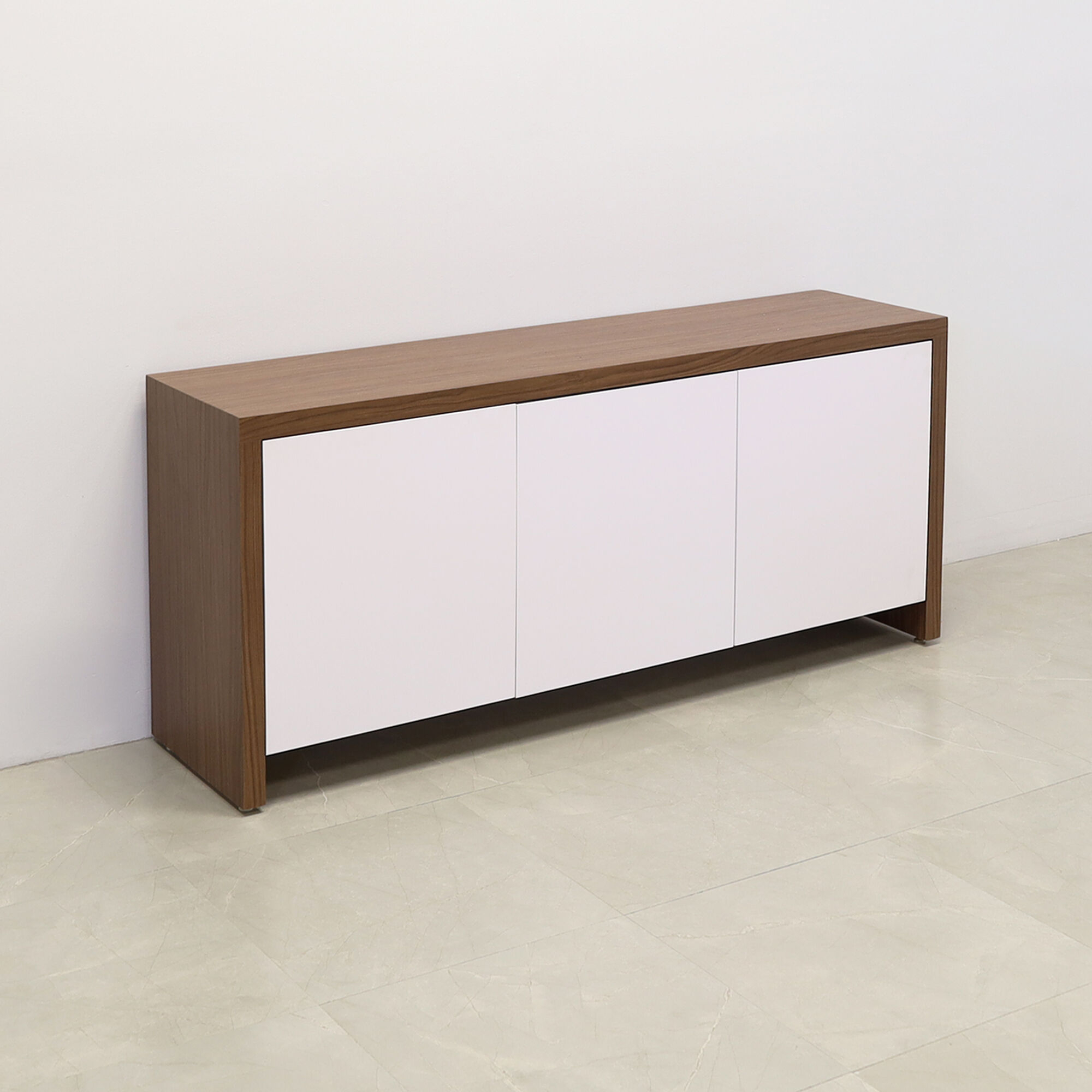 72-inch Boston Storage Credenza in walnut heights matte laminate credenza, and white matte laminate doors.