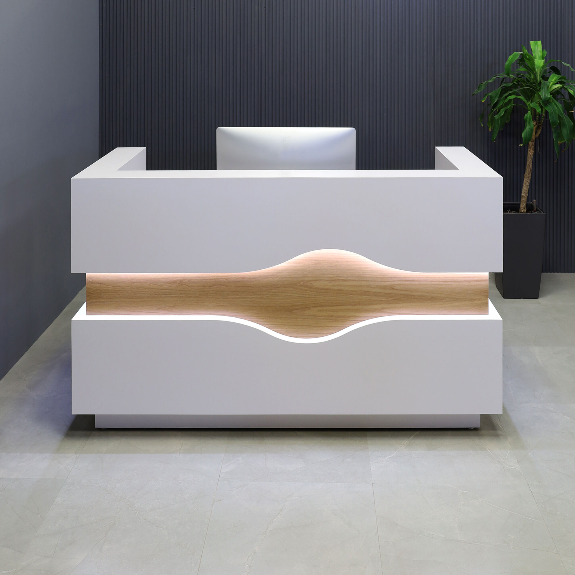 72-inch Wave Reception Desk in white matte laminate desk and counter, white oak veneer wave accent front, and brushed aluminum toe-kick, with warm white LED, shown here.