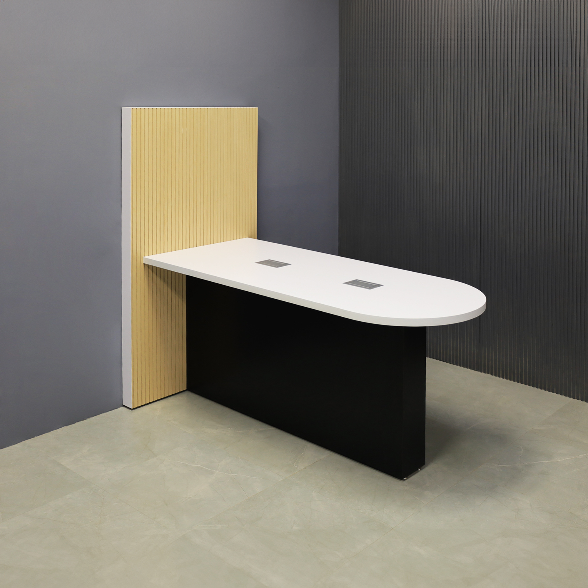 72-inch Weight and 42-inch Height, Westin Collaboration and Training Table in white matte laminate top, with black matte laminate base and maple tambour wall, and 2 silver MX2 powerboxes, shown here.