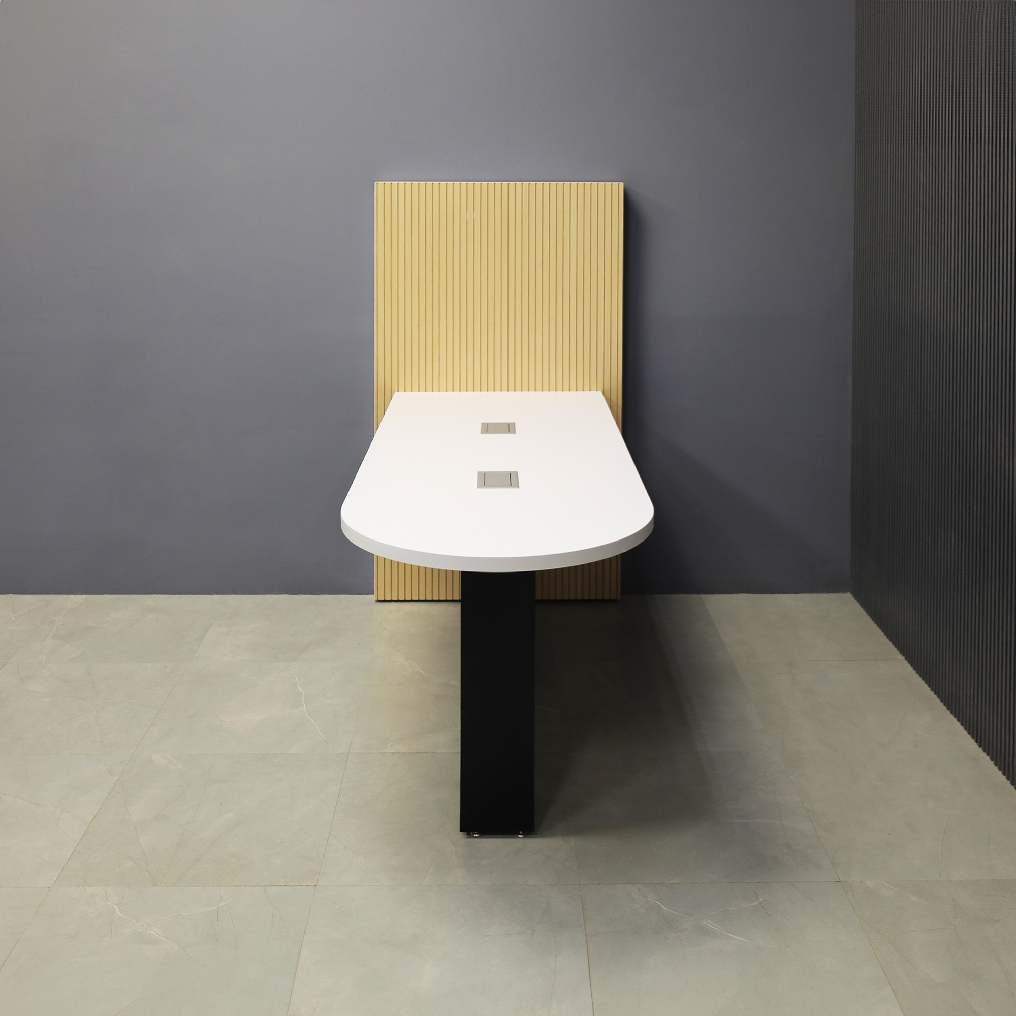 72-inch Weight and 42-inch Height, Westin Rec Collaboration and Training Table in white matte laminate top, with black matte laminate base and maple tambour wall, and 2 silver MX2 powerboxes, shown here.
