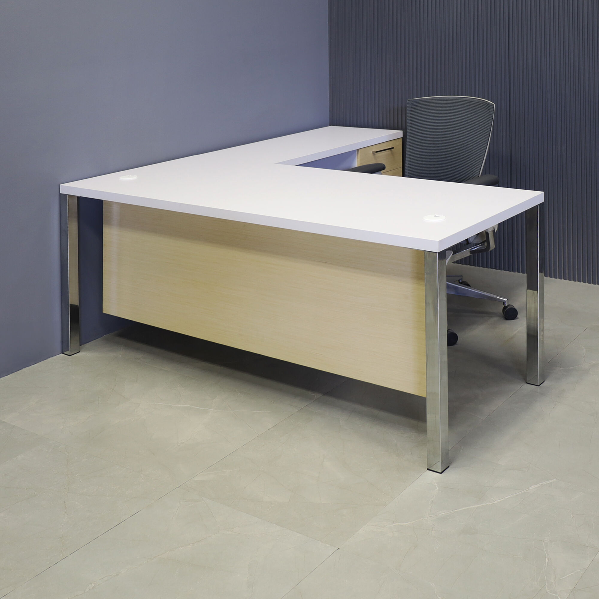 Dallas L-Shape Executive Desk W/ Cabinet in White Matte Laminate Top - 72 In. - Stock #29