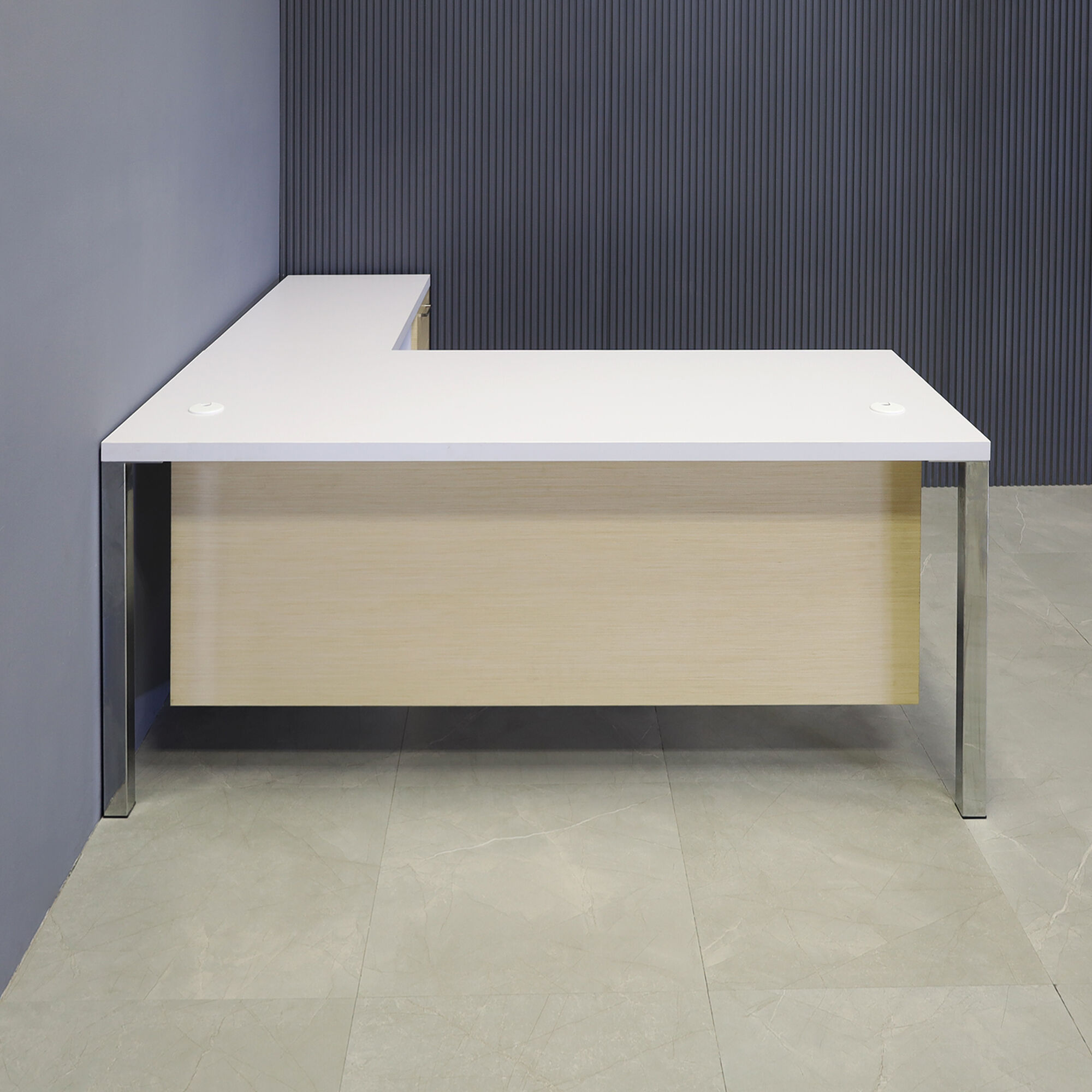 72-inch Dallas L-Shape Executive Desk W/ Cabinet in white matte laminate top and cabinet, maple veneer front drawers and privacy panel with chromed legs.