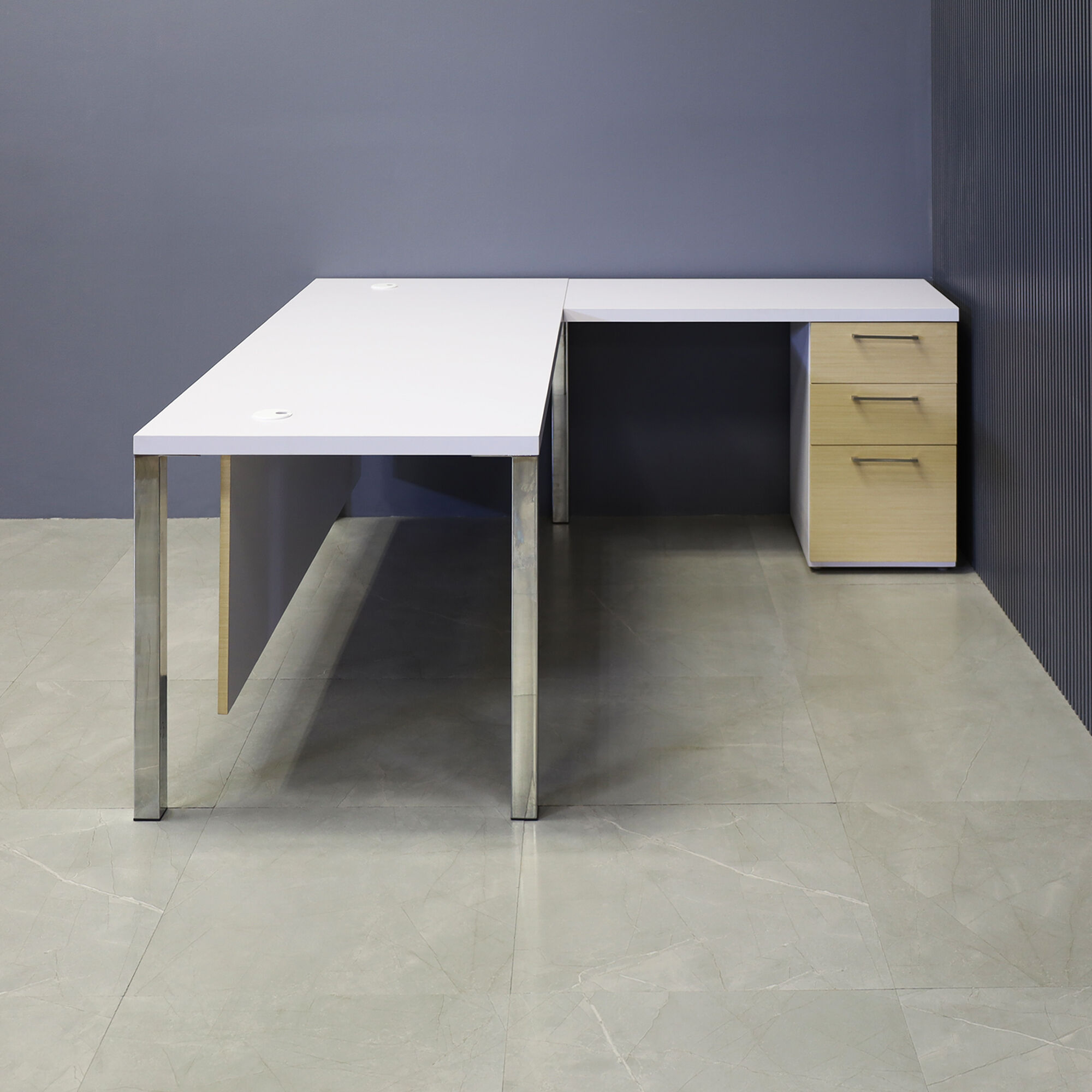72-inch Dallas L-Shape Executive Desk W/ Cabinet in white matte laminate top and cabinet, maple veneer front drawers and privacy panel with chromed legs.