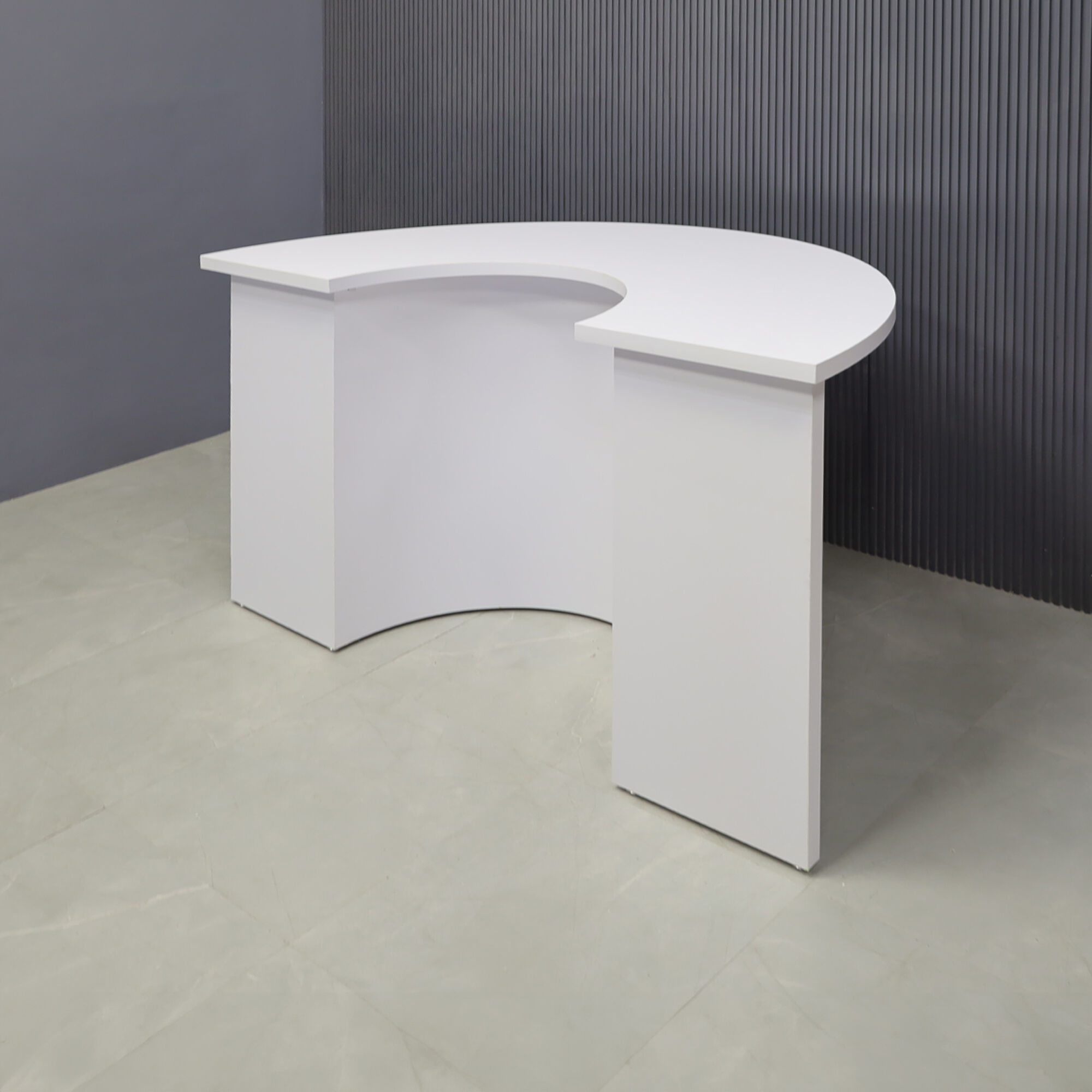 72-inch Handmade Custom Modern Podcast Table Half Moon in white matte laminate top, front & back base.
