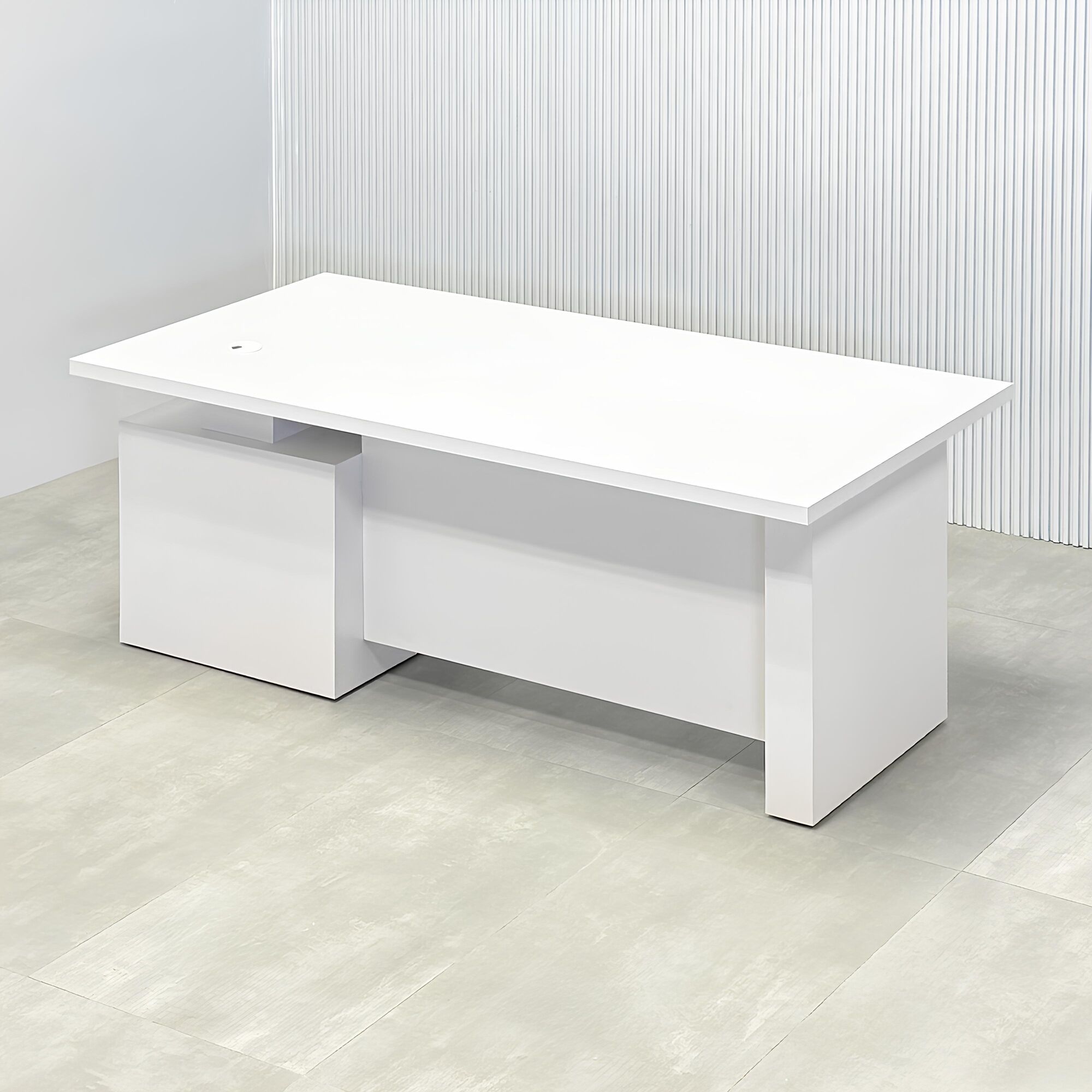 72-inch Avenue Straight Laminate Executive Desk with Sit-Stand Mechanism with white matte laminate top, white matte laminate base, white matte laminate privacy panel, and sit-stand mechanism.