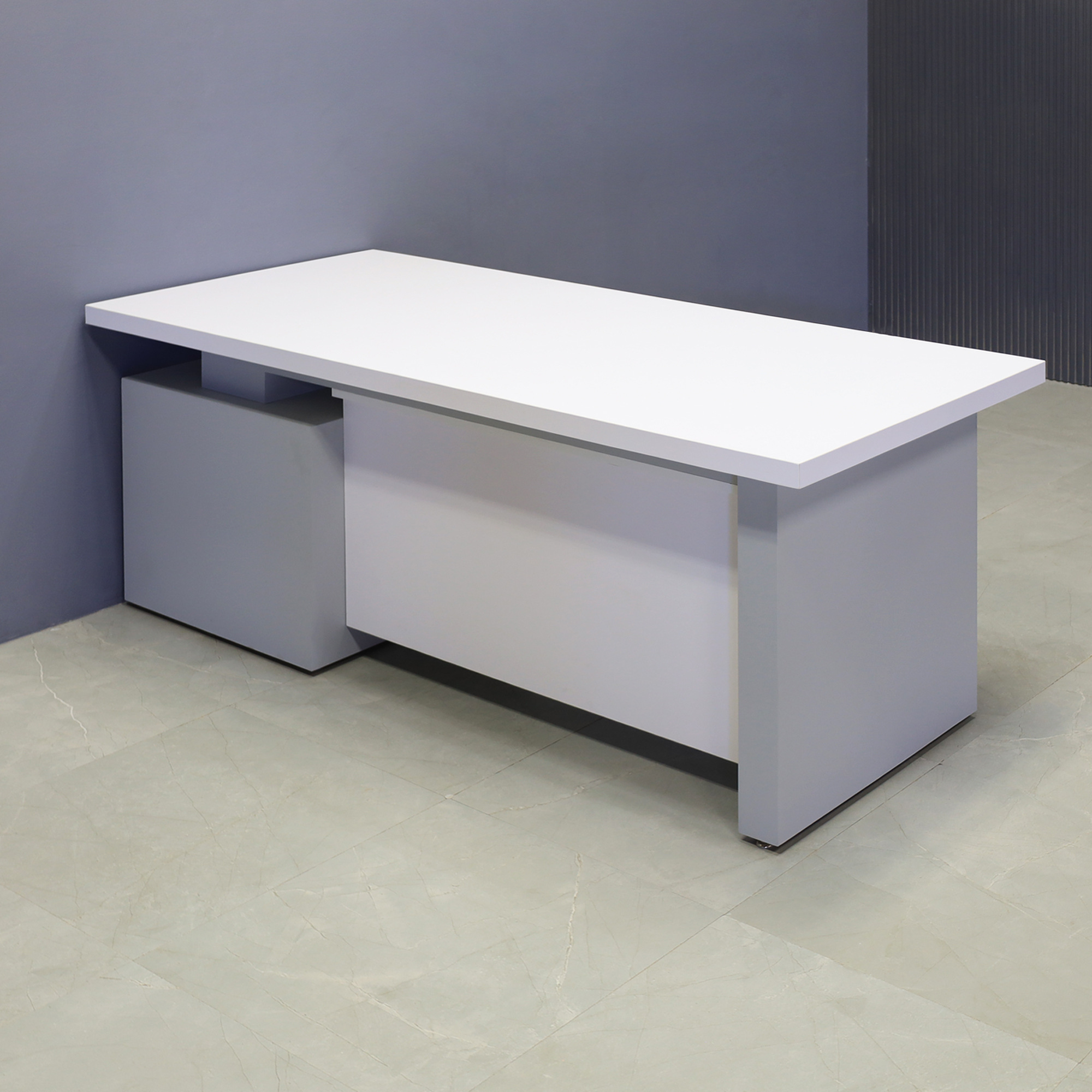 72-inch Avenue Straight Executive Desk in white matte laminate top and privacy panel, and light gray pvc base & storage on the right side when sitting.