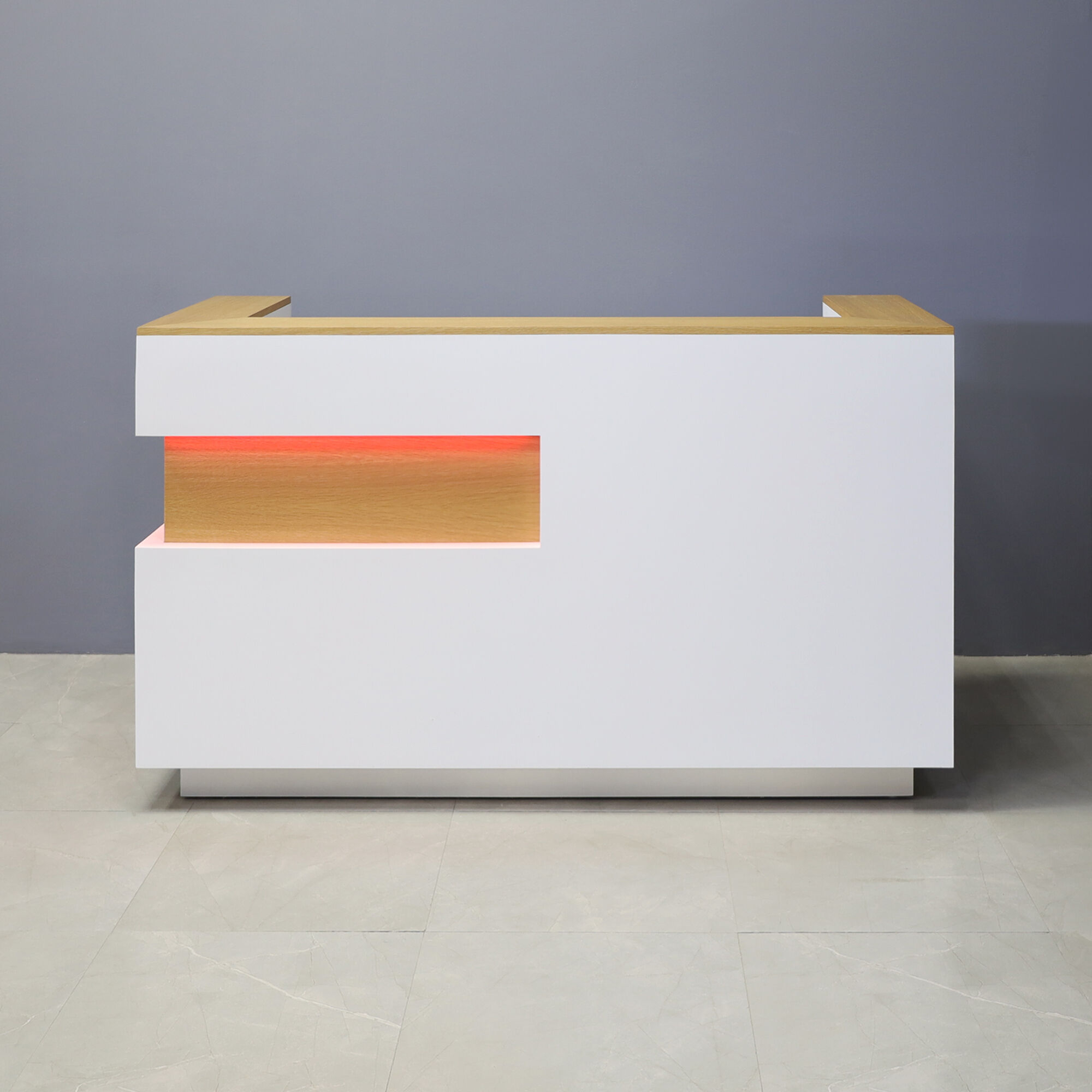 72-inch Manhattan U-Shape Custom Reception Desk in white oak veneer accent panel and top counter, and white matte laminate main desk, with white LED, shown here.