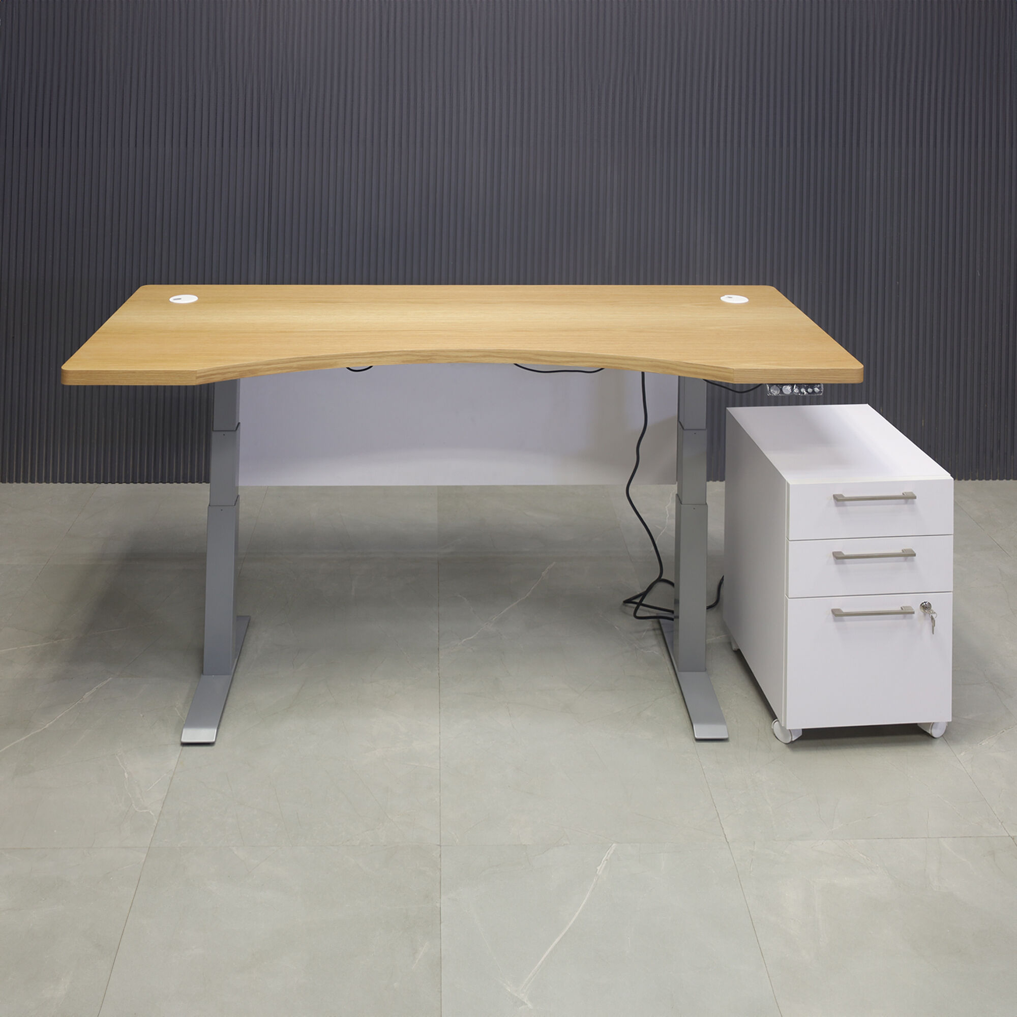 72-inch aXis Sit-stand Executive Desk with white oak veneer laminate top, white matte laminate privacy panel, and silver metal legs, shown here.