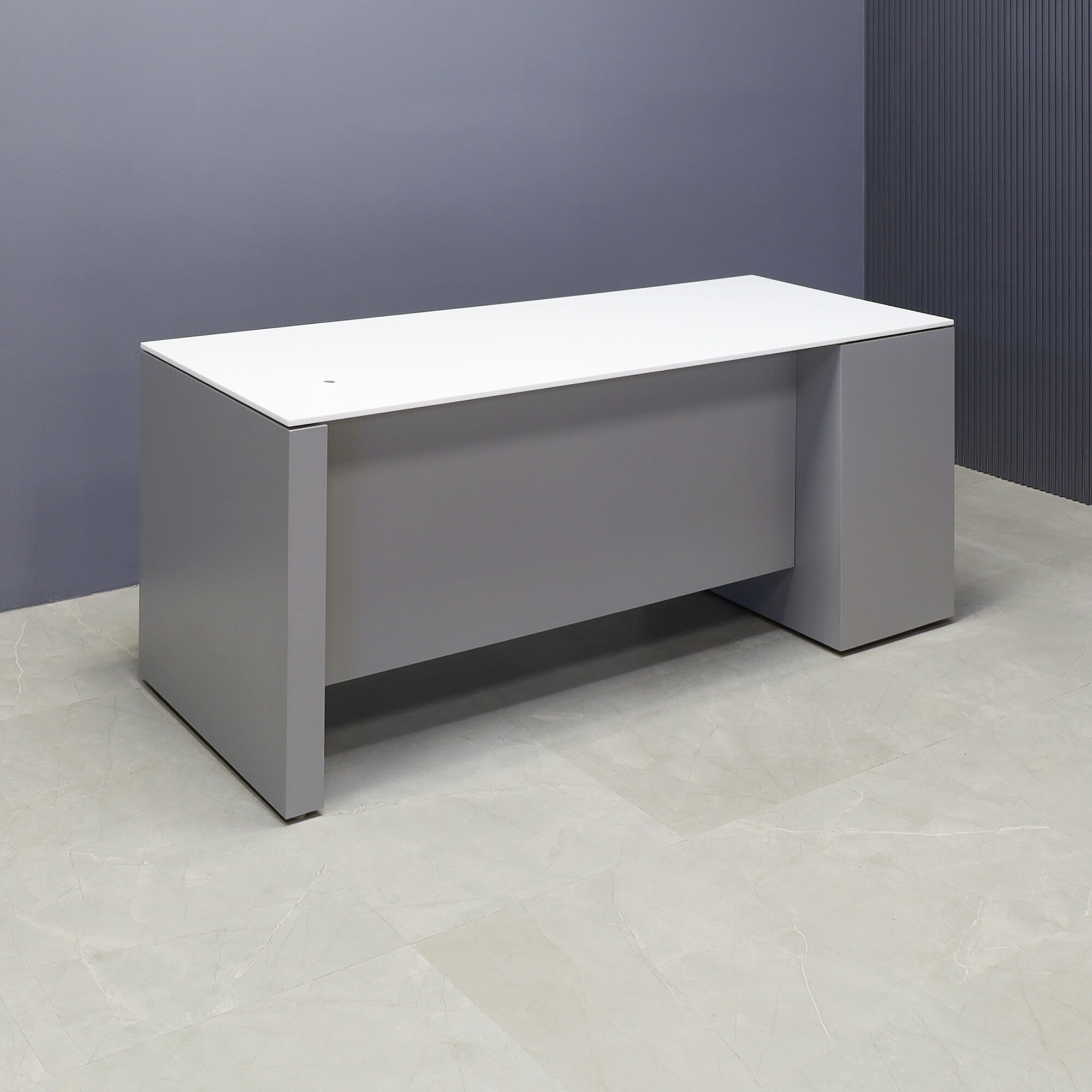 72-inch Denver Straight Executive Desk W/ left side cabinet when sitting, in 1/2-inch white solid engineered surface top and fog gray matte laminate finish base, cabinet & privacy panel.