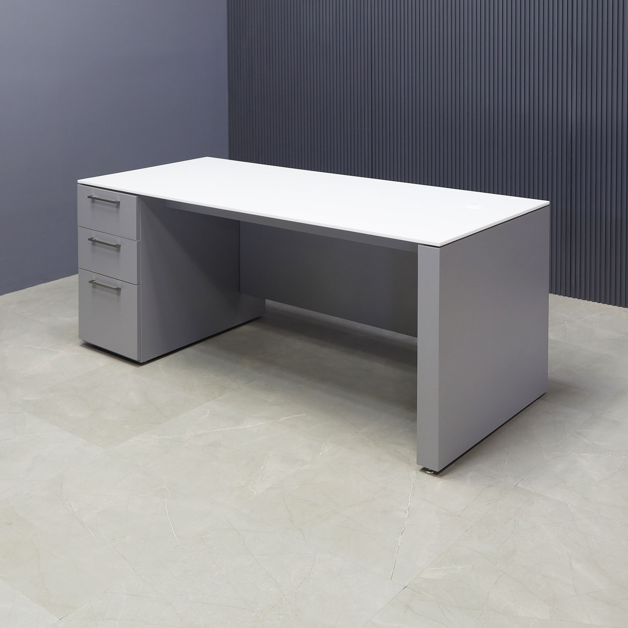 72-inch Denver Straight Executive Desk W/ left side cabinet when sitting, in 1/2-inch white solid engineered surface top and fog gray matte laminate finish base, cabinet & privacy panel.