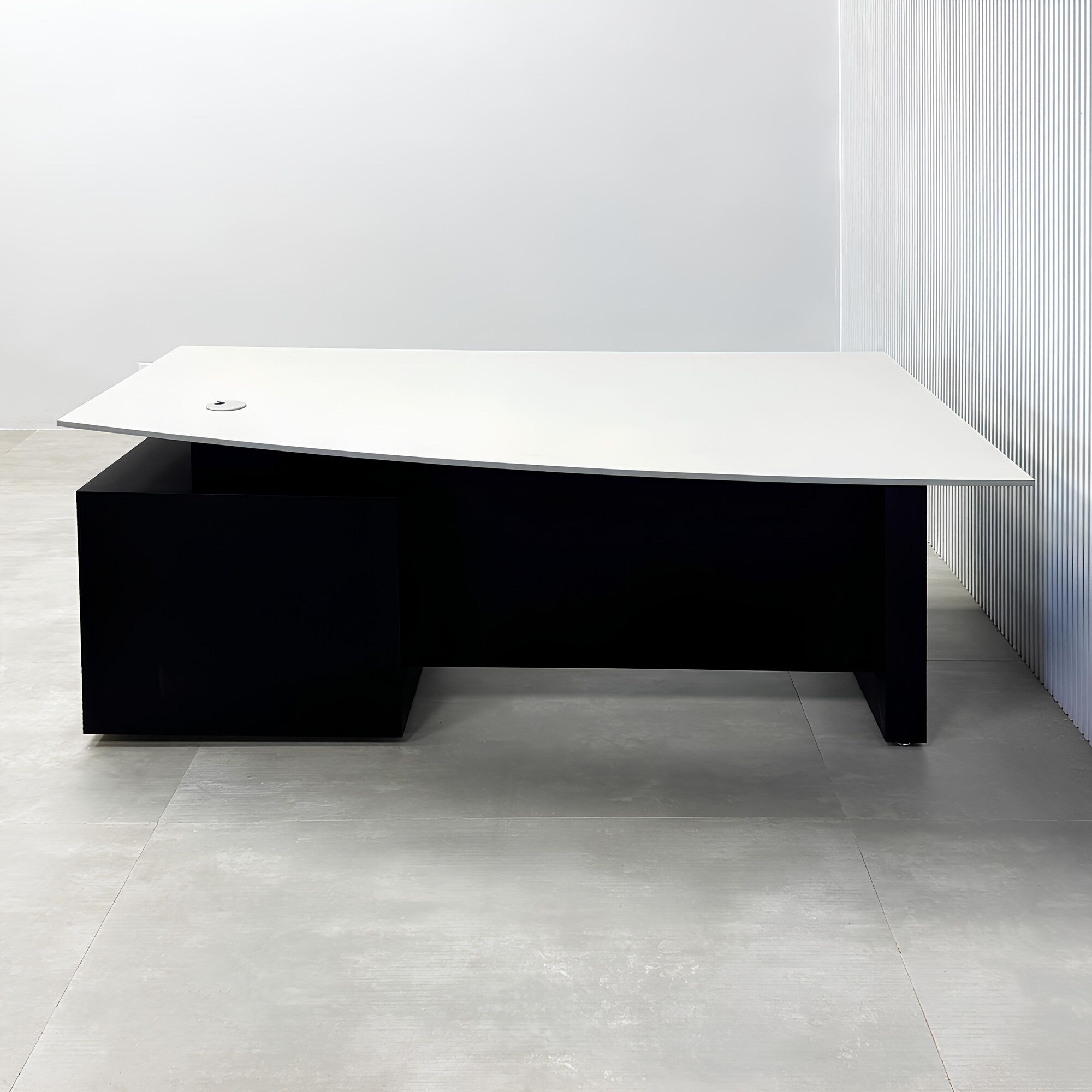 Avenue Straight Executive Desk with light gray traceless engineered surface top, black traceless laminate base & cabinet, and black traceless laminate privacy panel.