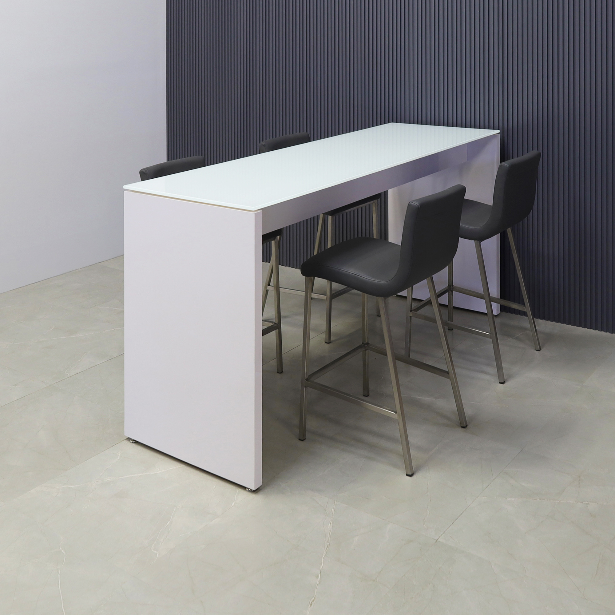 72-inch width x 42-inch height, Ashville Tempered Glass Collaboration Table in 1/2" white tempered glass top and white gloss laminate base, shown here.