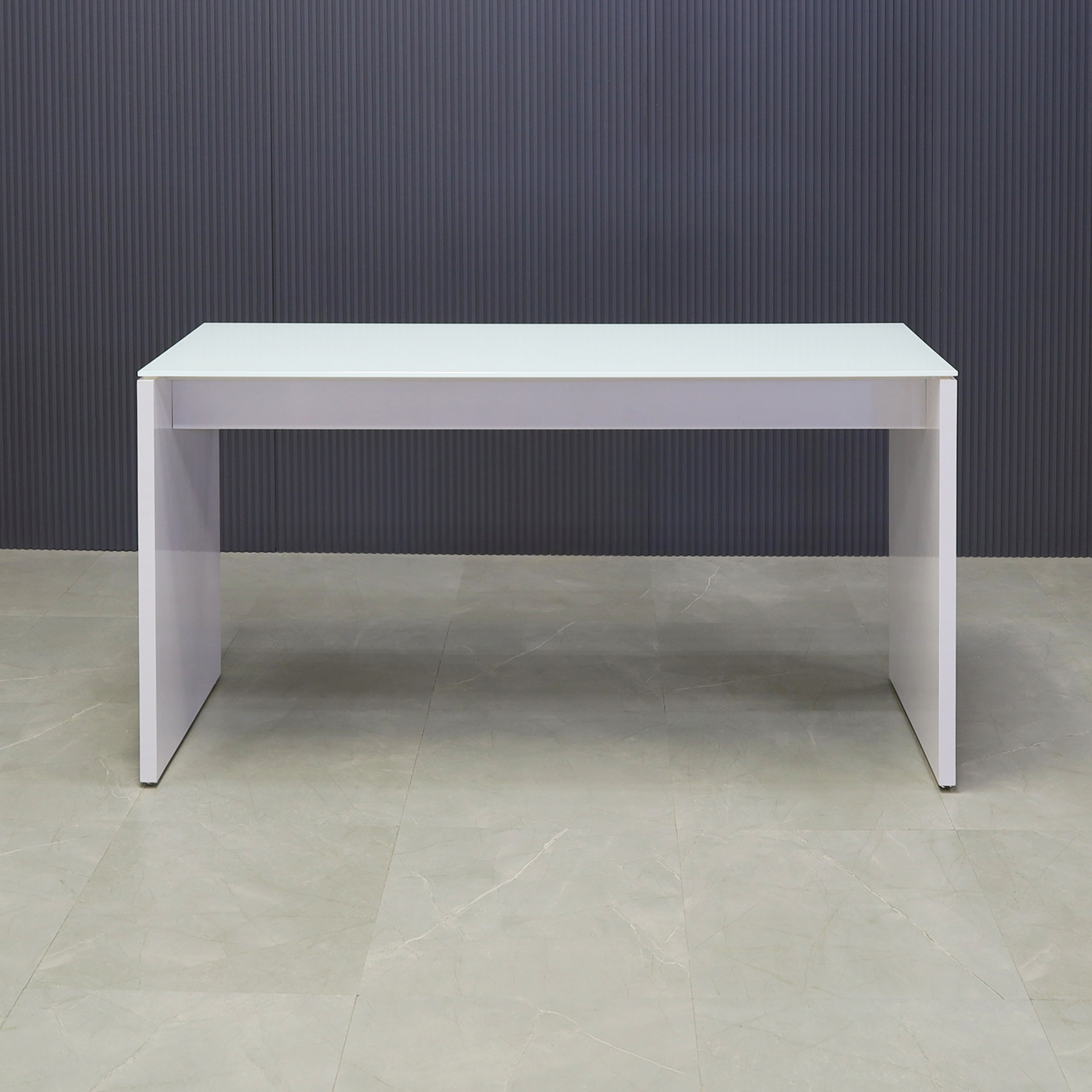 Ashville Tempered Glass Bar Table in white top and white gloss laminate base shown here.