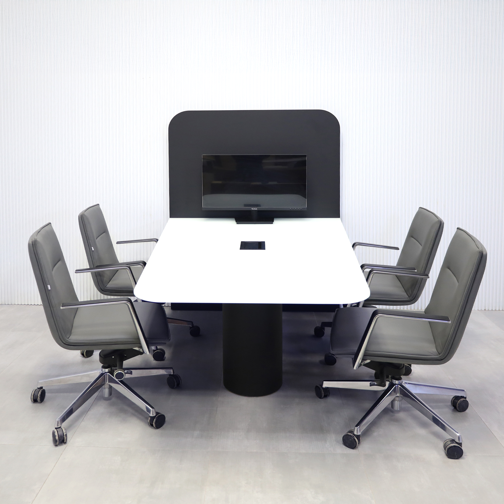Anchorage Collaboration Table – 72" Wide features a White Traceless Glass Top, Black Traceless Laminate Back Panel, and matching Black Traceless Laminate Base, complete with one Black MX3 Power Box for easy connectivity. Designed for collaboration and eve