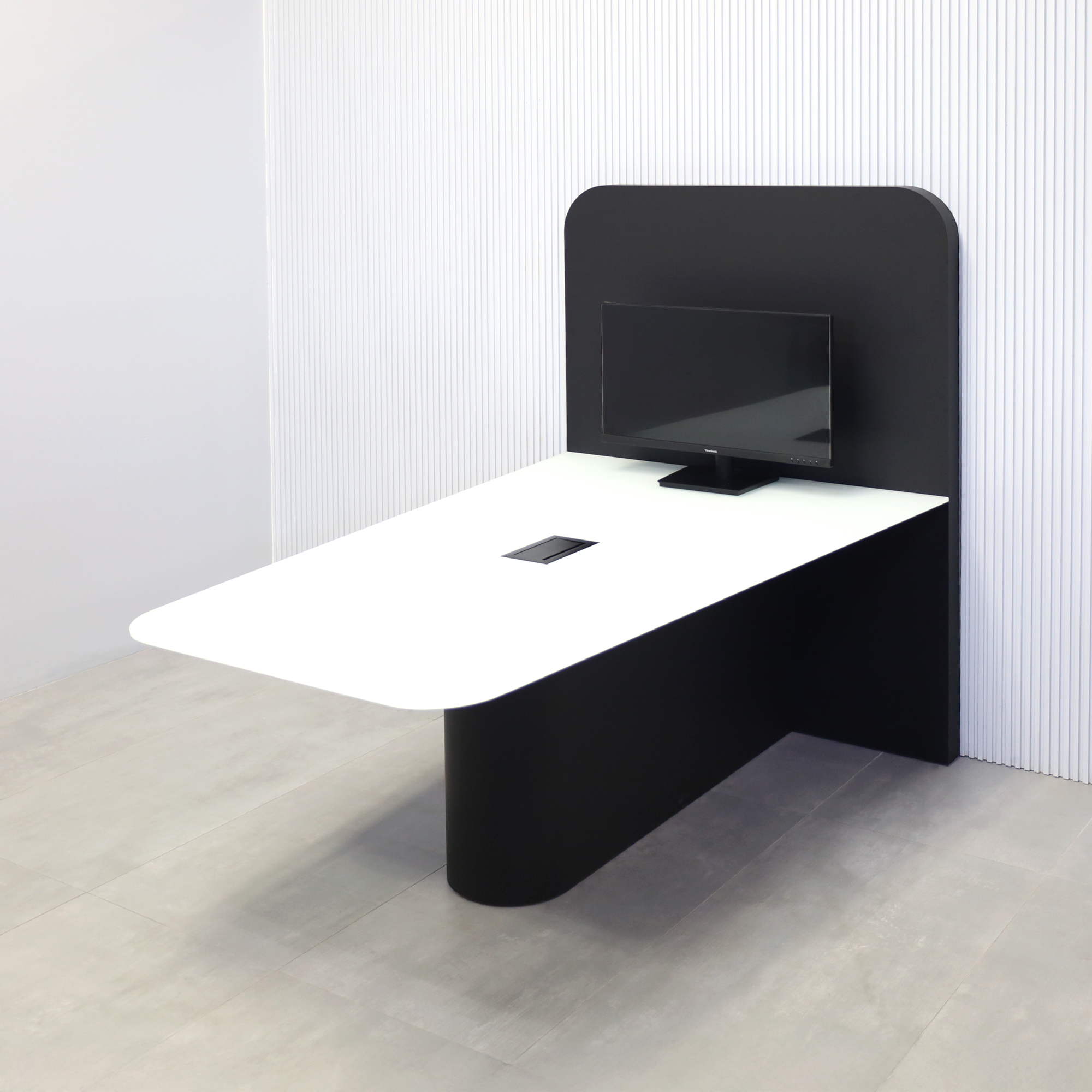 Anchorage Collaboration Table – 72" Wide features a White Traceless Glass Top, Black Traceless Laminate Back Panel, and matching Black Traceless Laminate Base, complete with one Black MX3 Power Box for easy connectivity. Designed for collaboration and eve