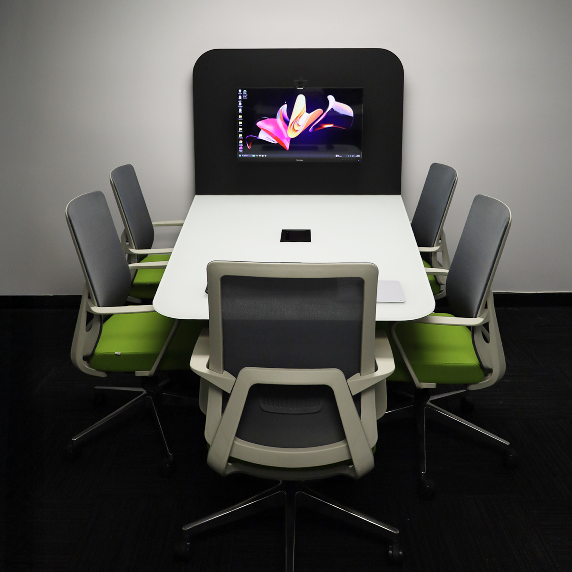 Anchorage Collaboration Table – 72" Wide features a White Traceless Glass Top, Black Traceless Laminate Back Panel, and matching Black Traceless Laminate Base, complete with one Black MX3 Power Box for easy connectivity. Designed for collaboration and eve
