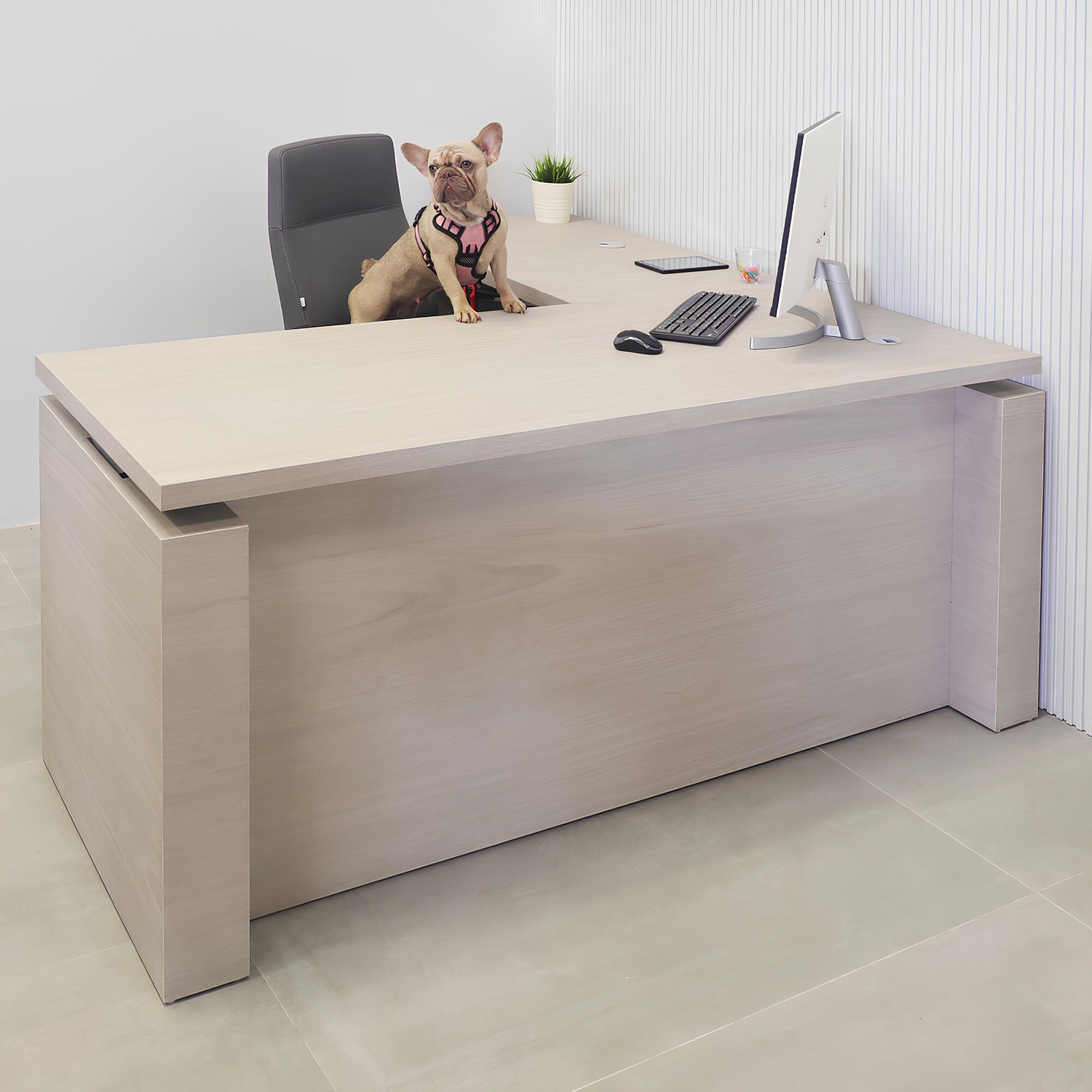 72-inch Denver L-Shape Executive Desk with Sit-stand mechanism, gray oak PVC matte laminate top, gray oak PVC matte laminate storage & privacy panel.