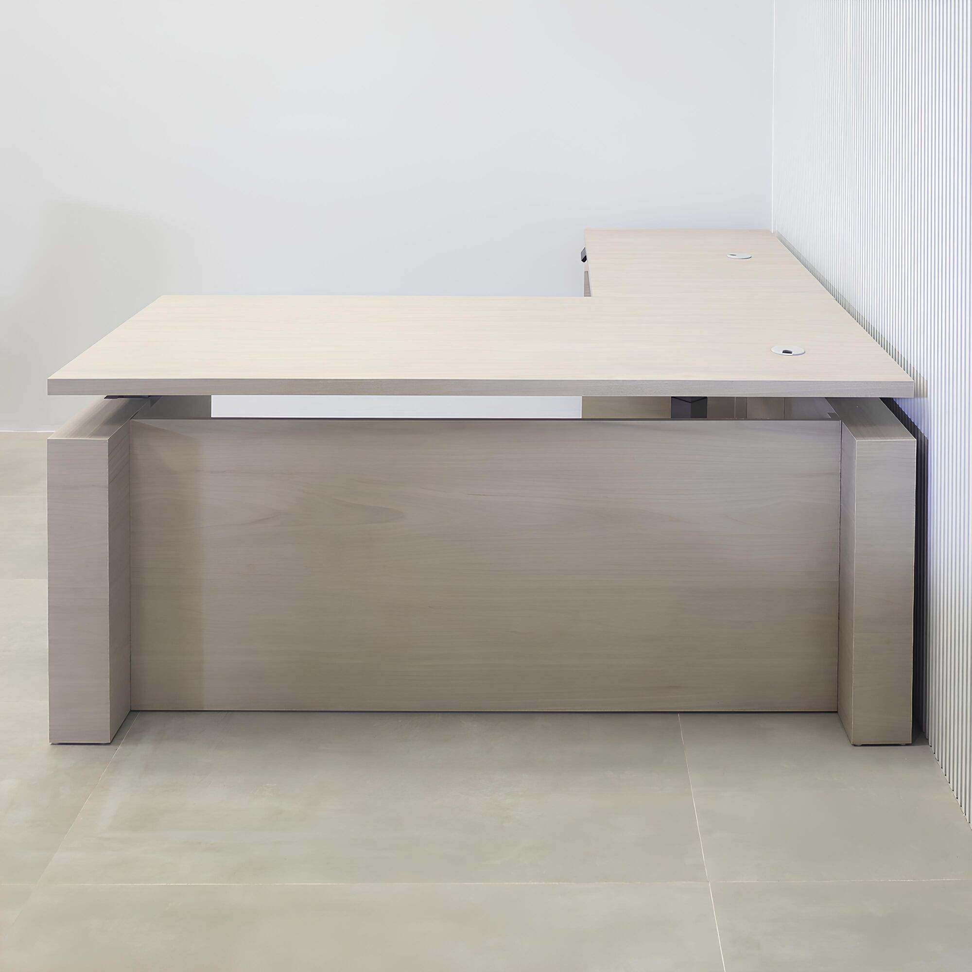 72-inch Denver L-Shape Executive Desk with Sit-stand mechanism, gray oak PVC matte laminate top, gray oak PVC matte laminate storage & privacy panel.