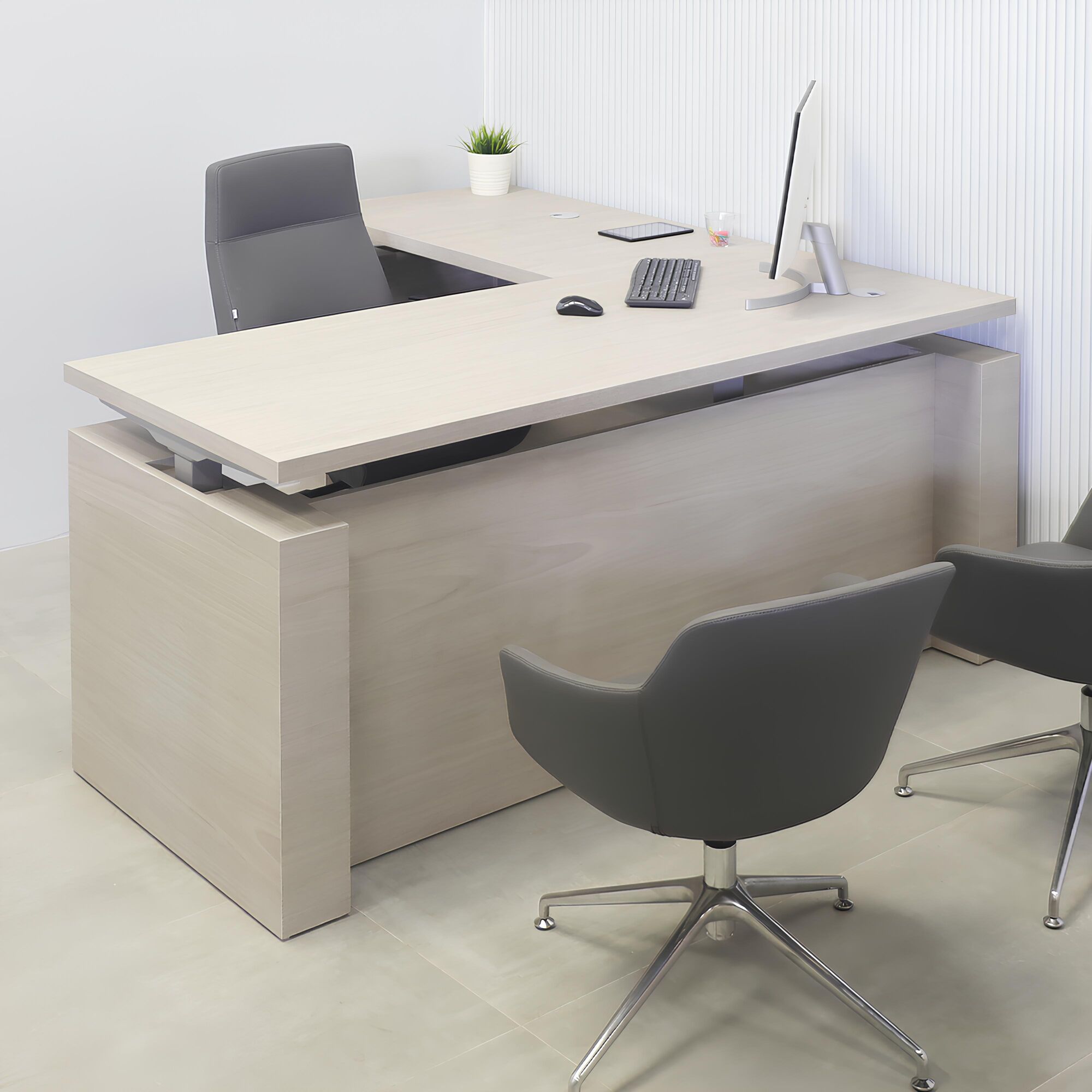 Denver L-Shape Laminate Executive Desk with Sit-Stand Mechanism