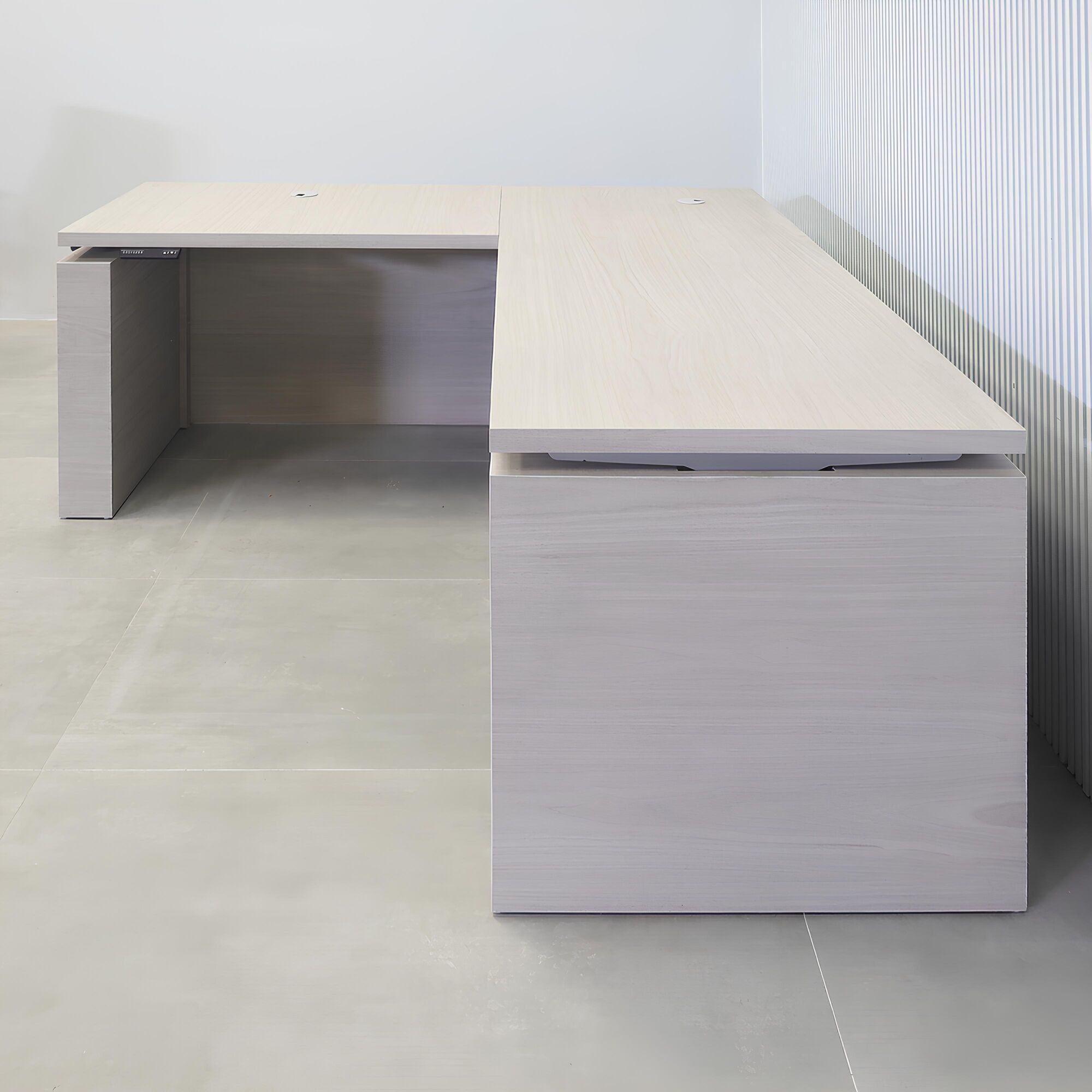 72-inch Denver L-Shape Executive Desk with Sit-stand mechanism, gray oak PVC matte laminate top, gray oak PVC matte laminate storage & privacy panel.