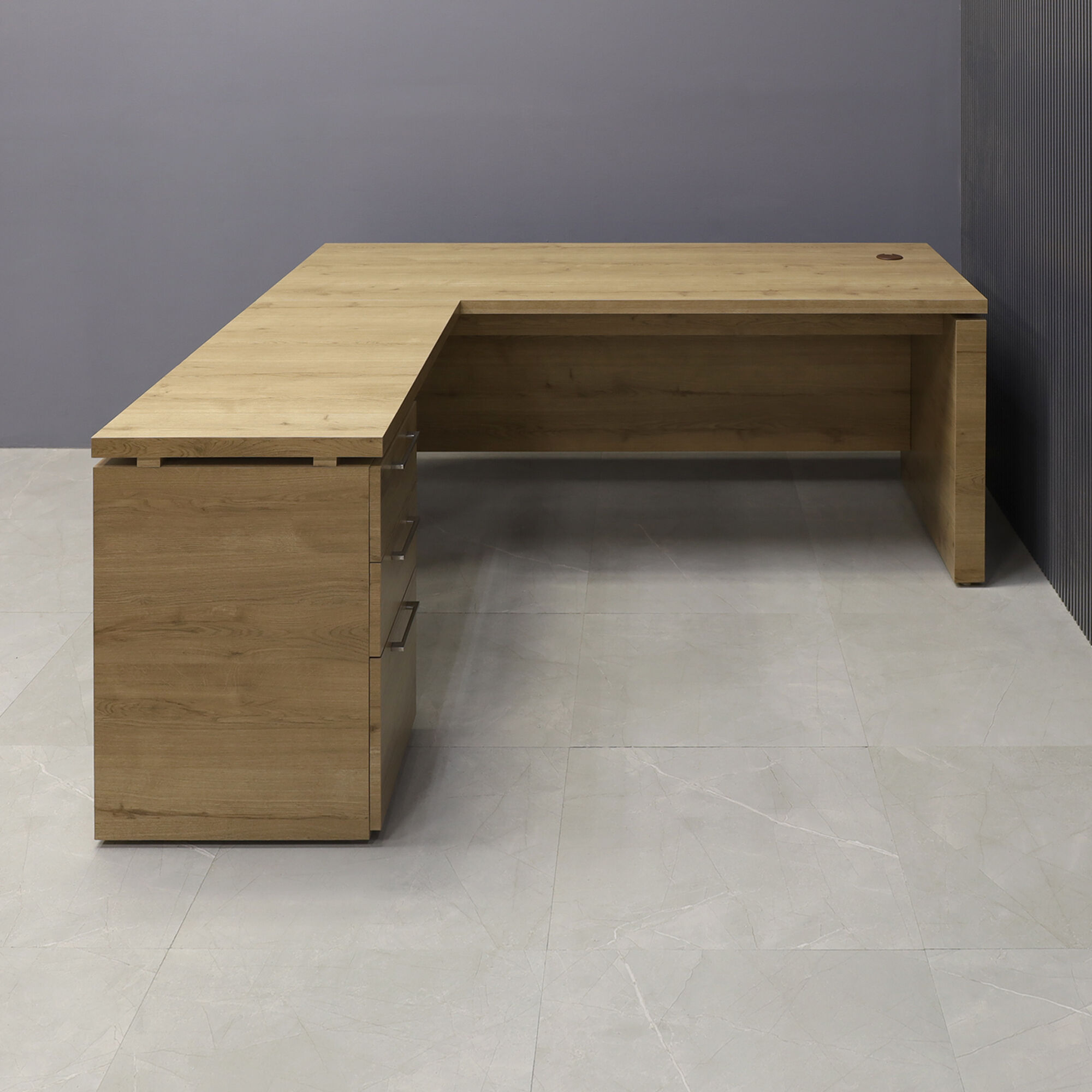 72-inch Denver L-Shape Executive Desk with cabinet & return on the left side when sitting, in planked urban oak matte laminate top, base, cabinet & privacy panel, shown here.