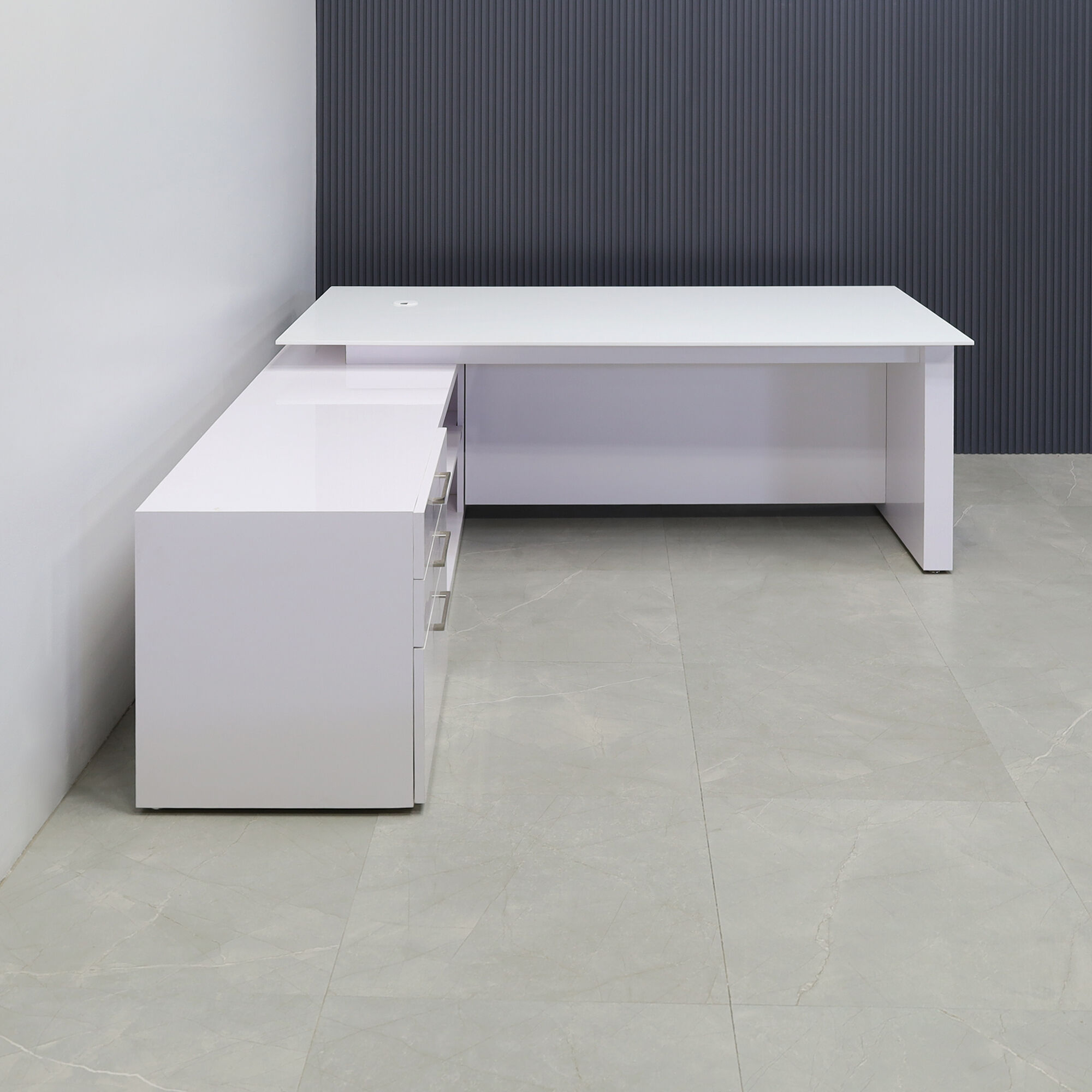 72-inch Avenue Straight W/ Cabinet Executive Desk in 1/2-inch white solid engineered surface top, and white gloss laminate base and credenza.