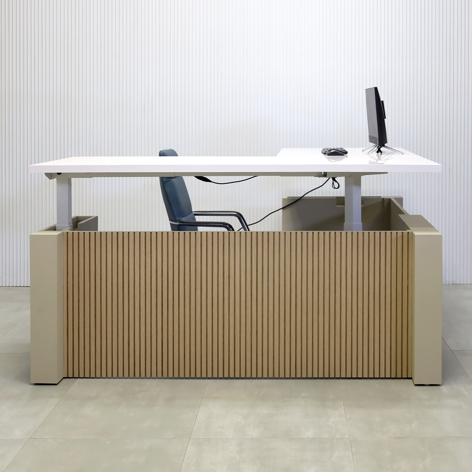 72x72-inch Denver L-Shape Laminate Executive Desk Sit-Stand Mechanism with White Gloss laminate top, Taupe matte PVC base, and Sit-Stand mechanism in white.
