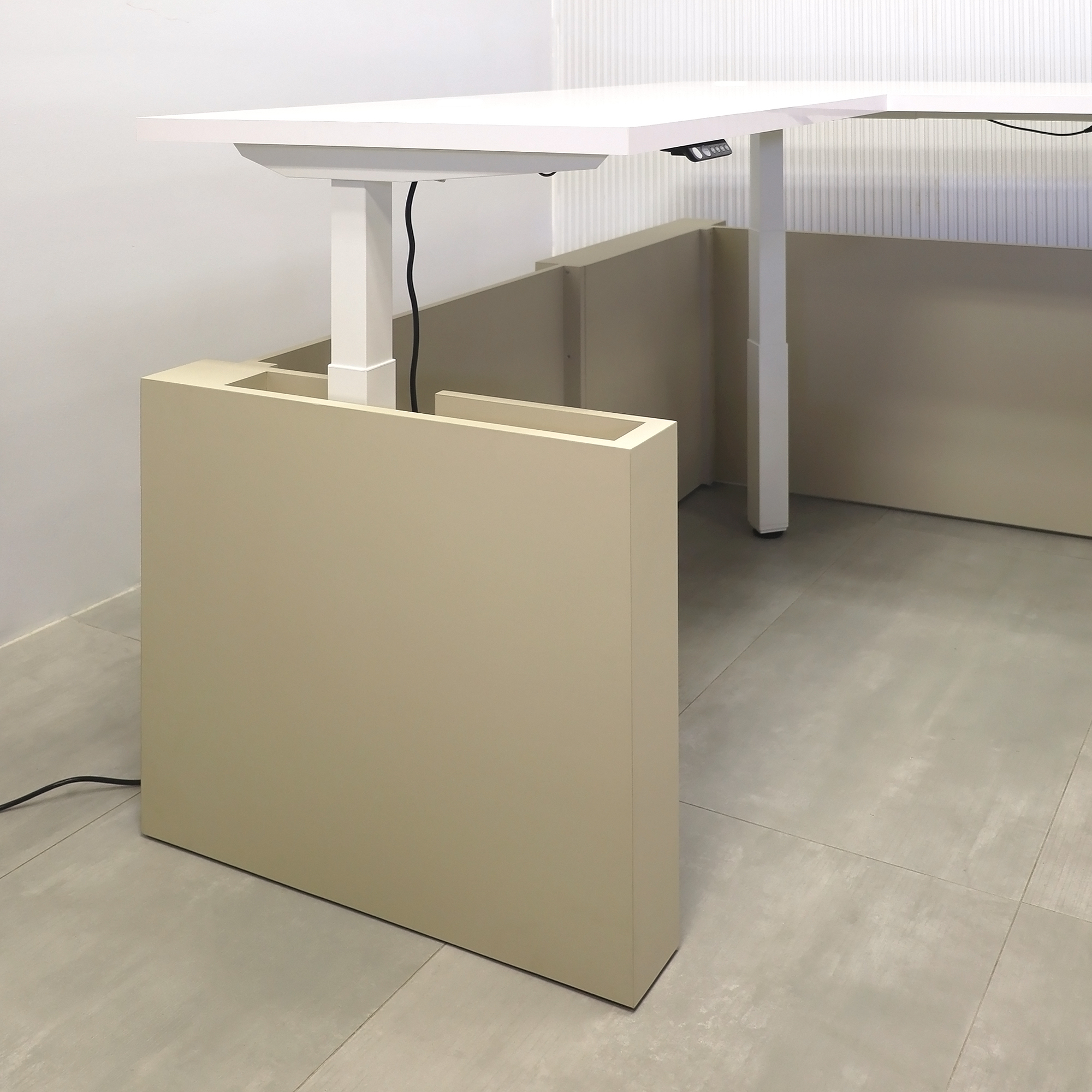 72x72-inch Denver L-Shape Laminate Executive Desk Sit-Stand Mechanism with White Gloss laminate top, Taupe matte PVC matte laminate base, and Sit-Stand Mechanism in White.