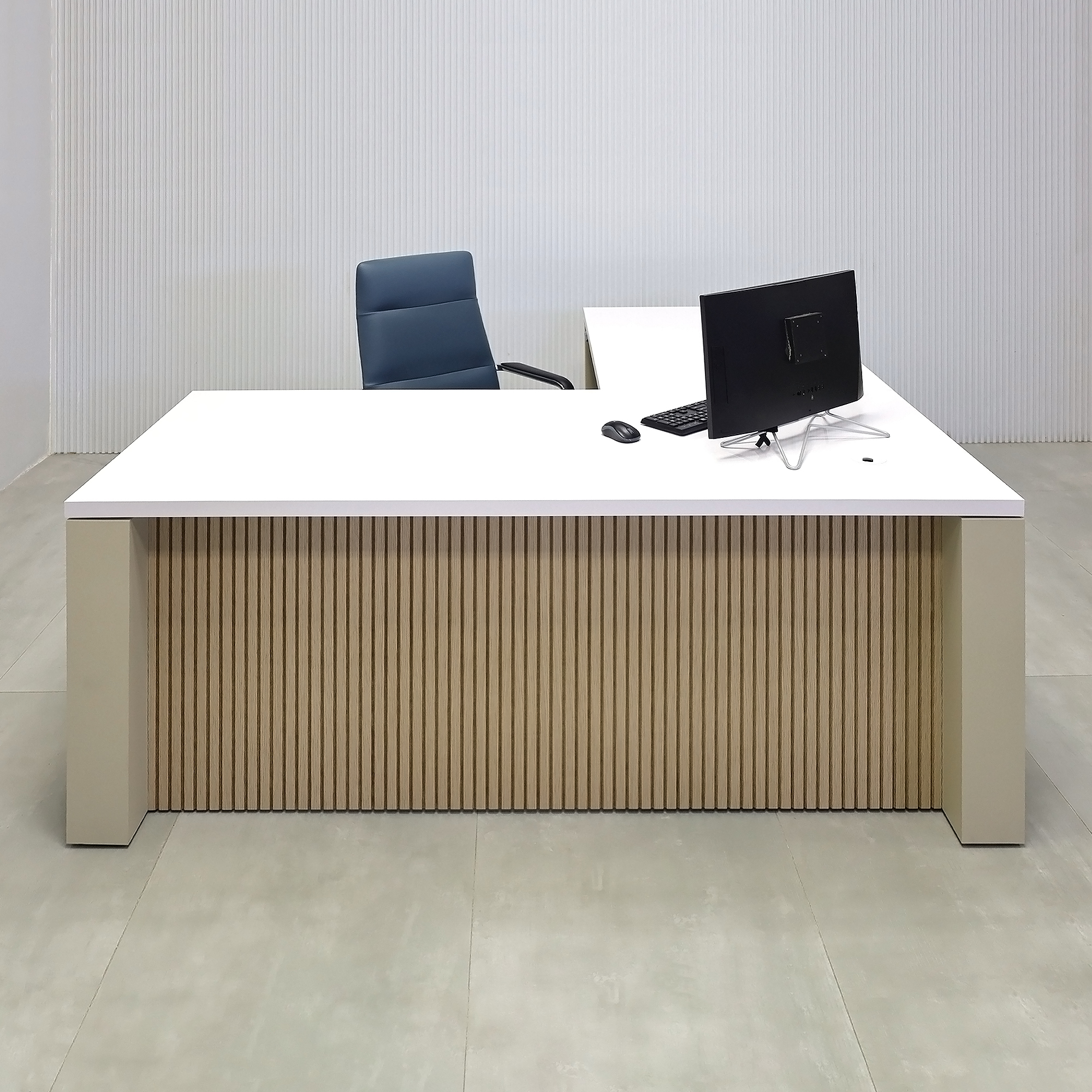 72x72-inch Denver L-Shape Laminate Executive Desk Sit-Stand Mechanism, with White Gloss laminate top, Taupe matte PVC laminate base, and Sit-Stand mechanism in white.