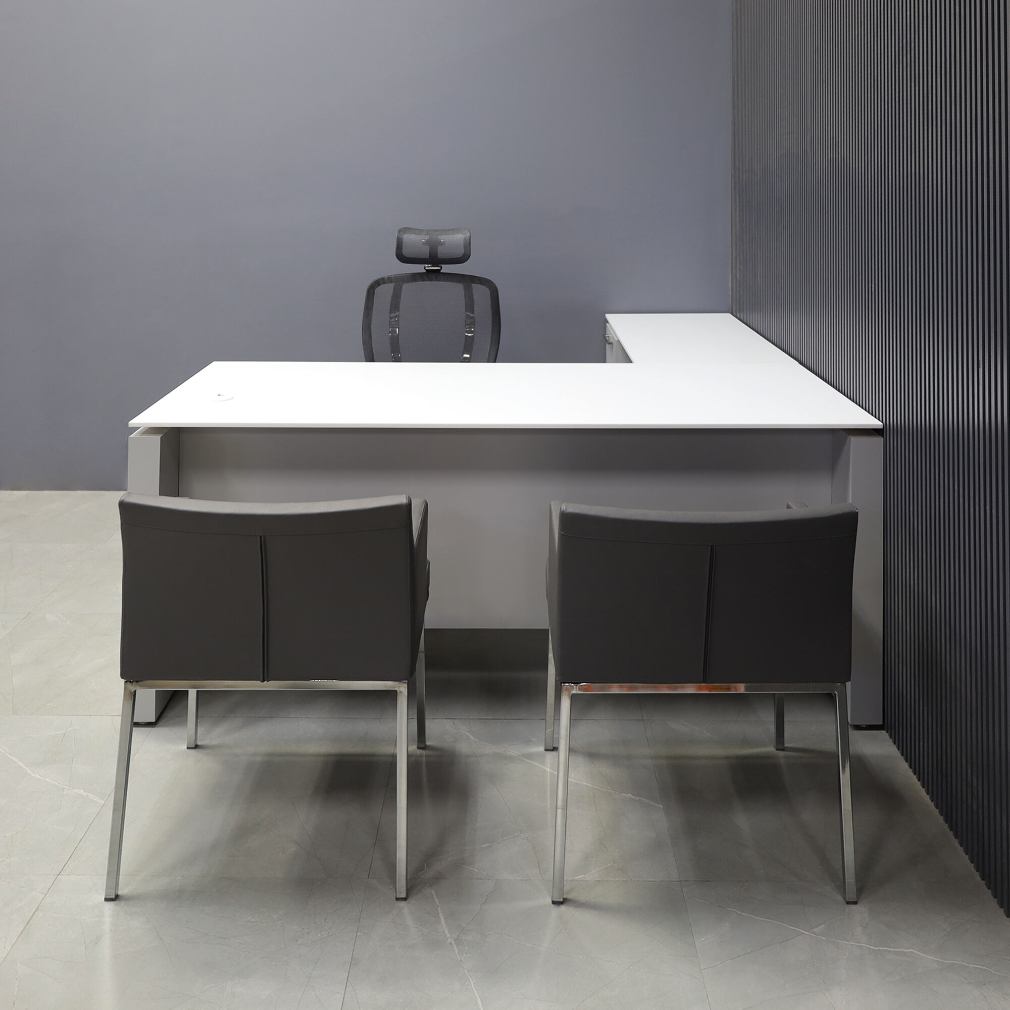 72-inch Denver L-Shape Executive Desk with return & cabinet on left side when sitting, in 1/2" white solid engineered surface top, folkstone gray matte laminate base, cabinet & privacy panel, shown here.