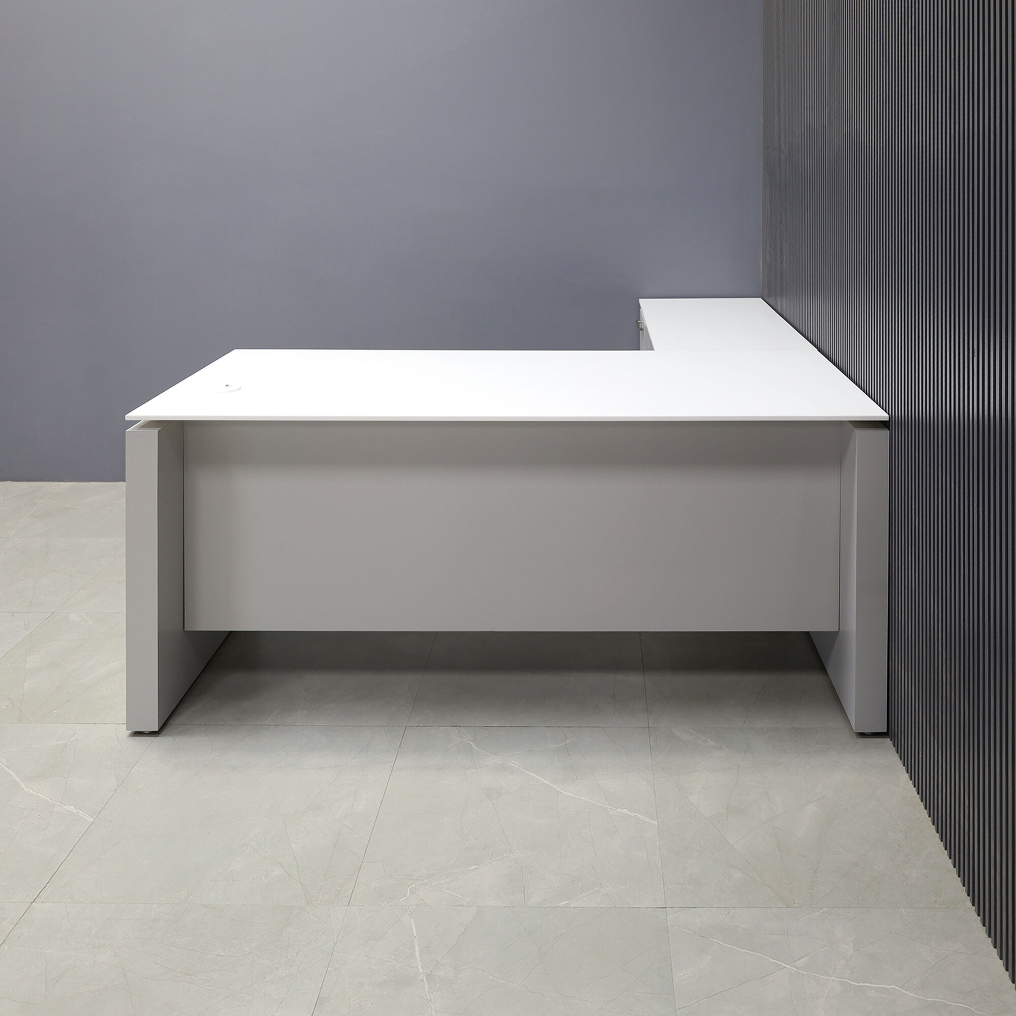 72-inch Denver L-Shape Executive Desk with Cabinet in 1/2-inch white solid engineered surface top and folkstone gray matte laminate on base, cabinet & privacy panel.