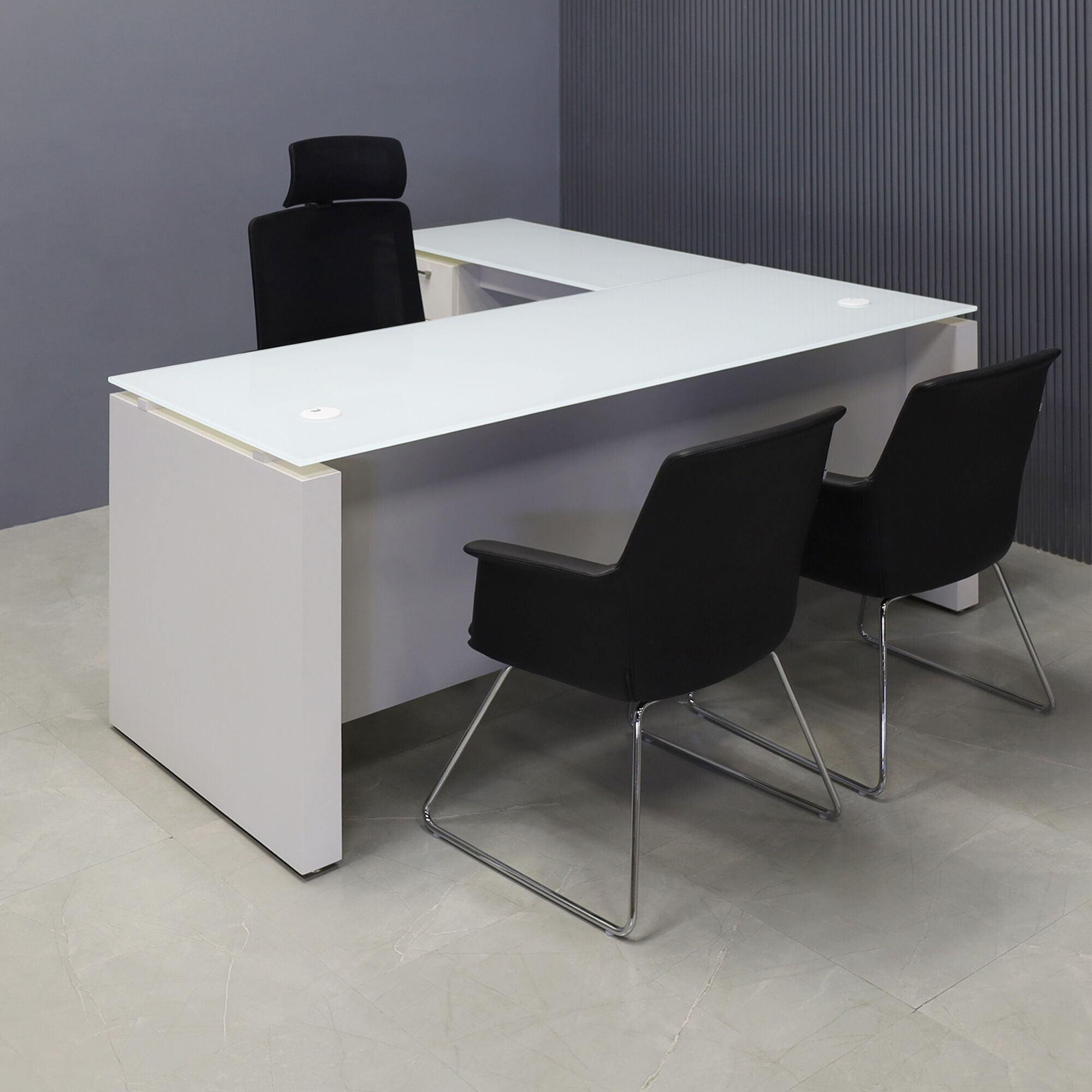 Denver L-Shape Executive Desk With Cabinet and Tempered Glass Top
