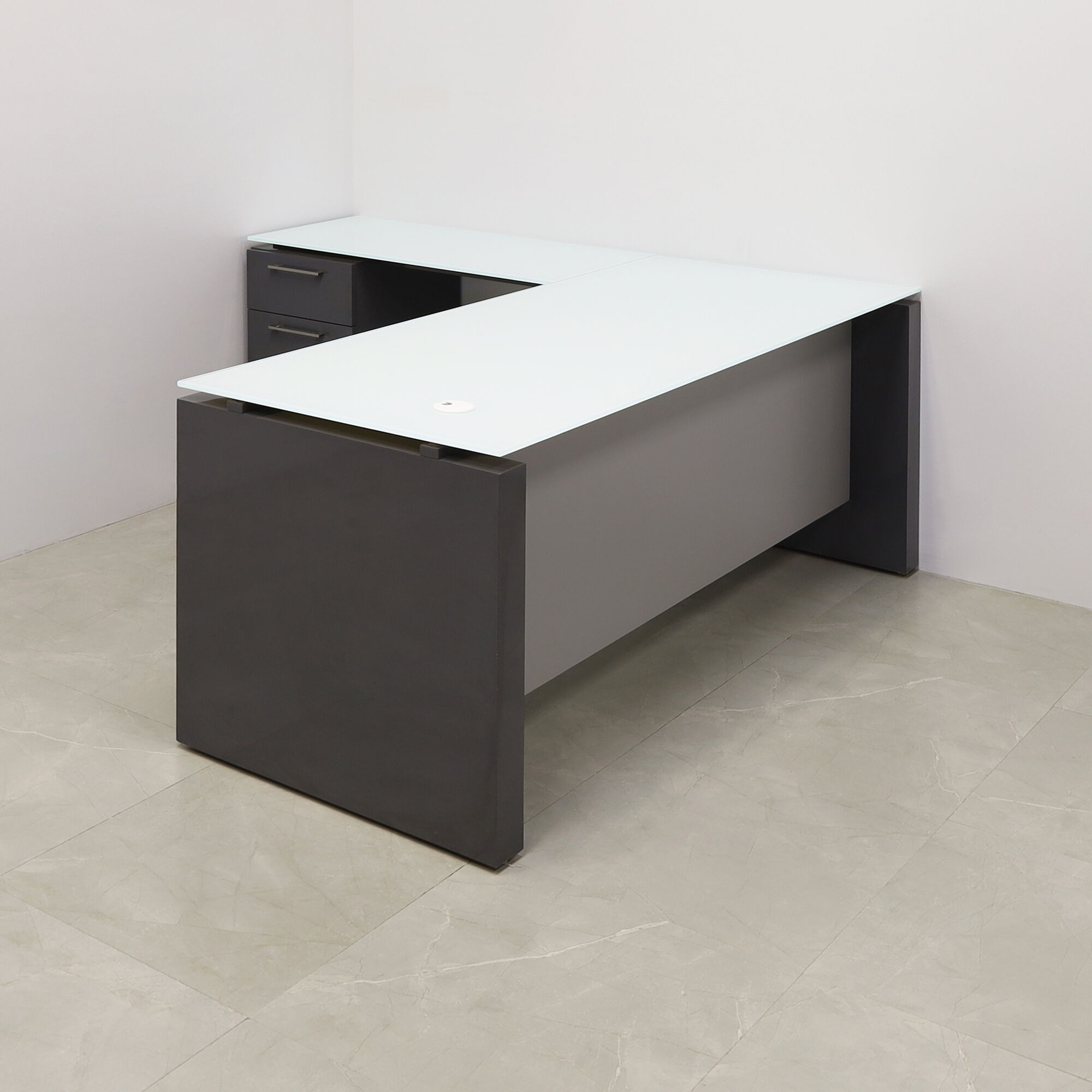 72-inch Denver L-Shape Executive Desk with return & cabinet on left side when sitting, in 1/2" white tempered glass top, storm gray gloss laminate base & cabinet, and fog gray matte laminate privacy panel, shown here.