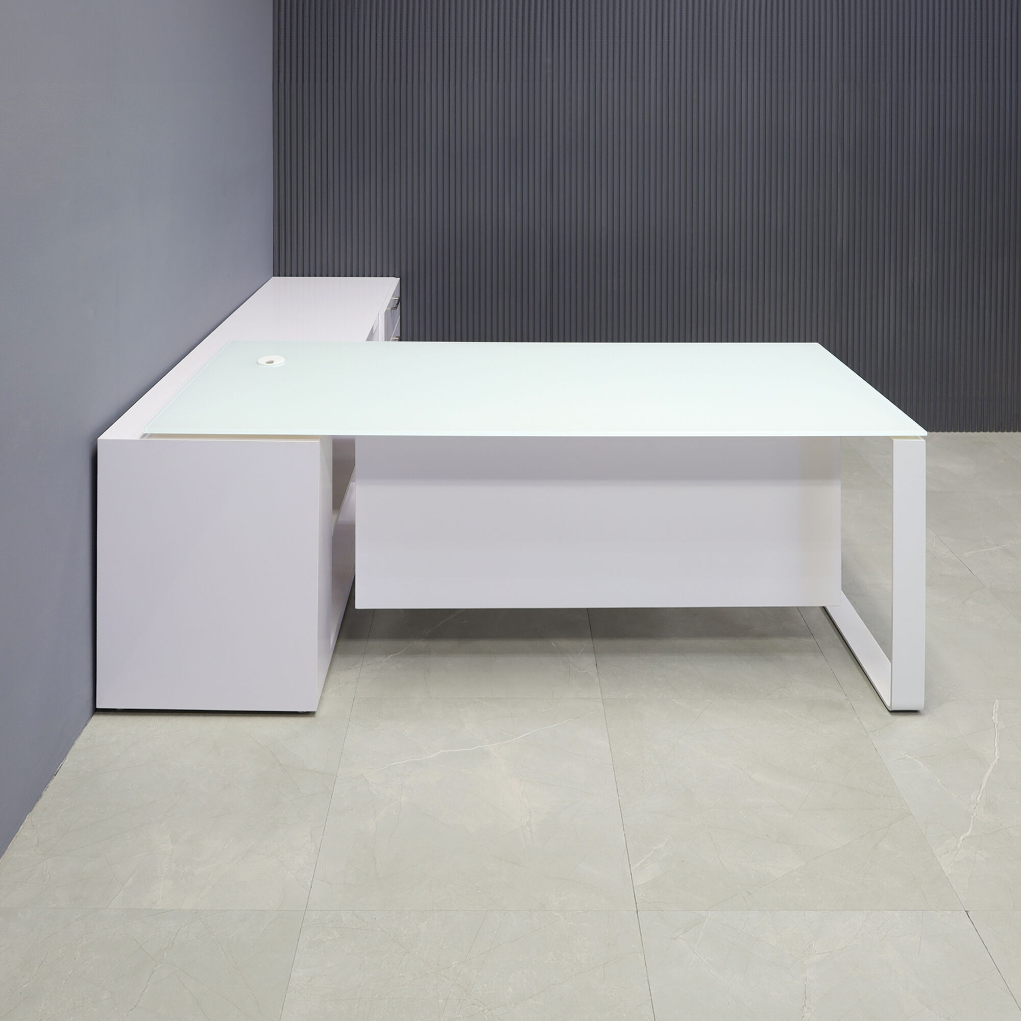 72-inch Aspen Executive Desk with Credenza with 1/2" white tempered glass top, credenza & privacy panel covered in white gloss laminate, and white metal leg, shown here.