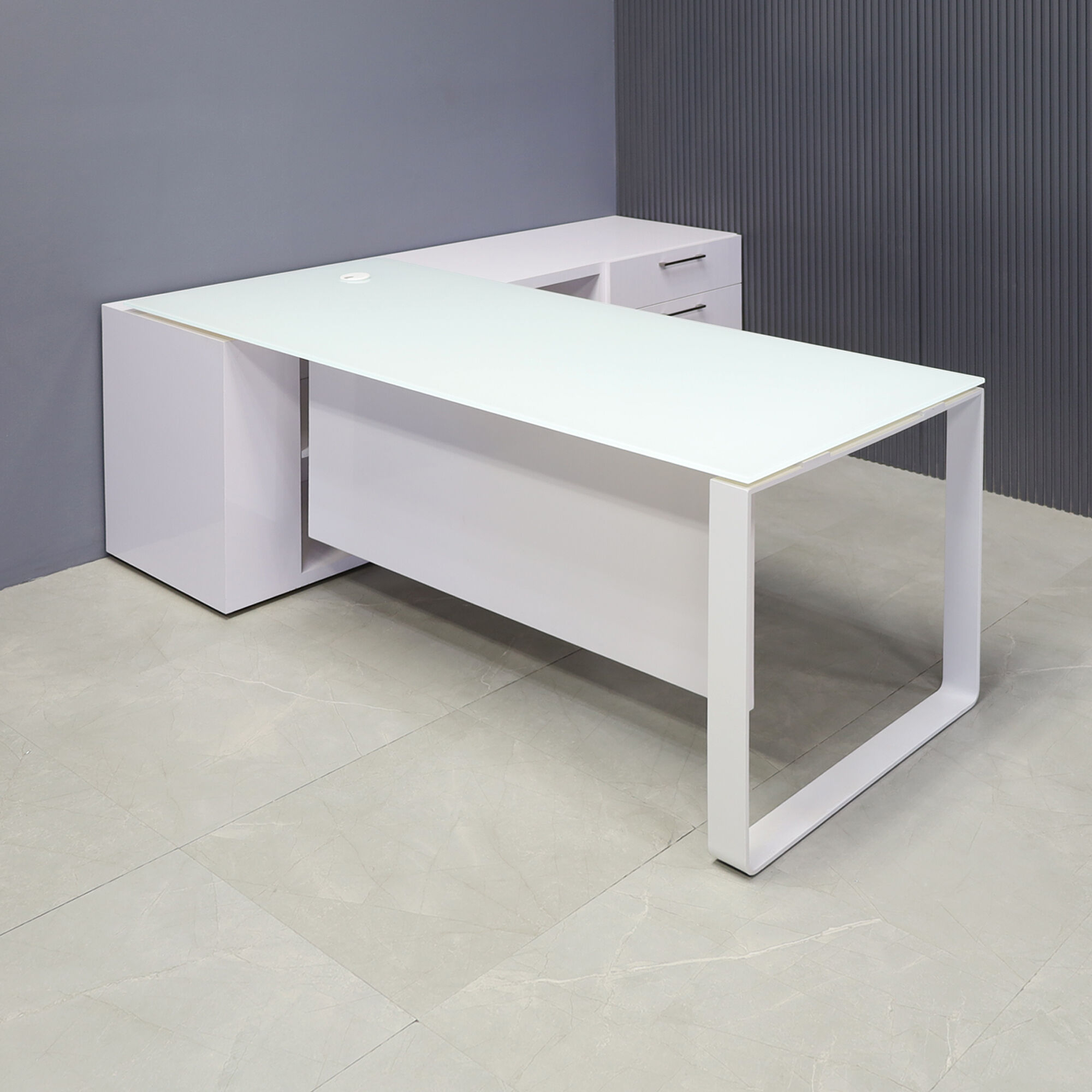 72-inch Aspen Executive Desk with Credenza with 1/2" white tempered glass top, credenza & privacy panel covered in white gloss laminate, and white metal leg, shown here.