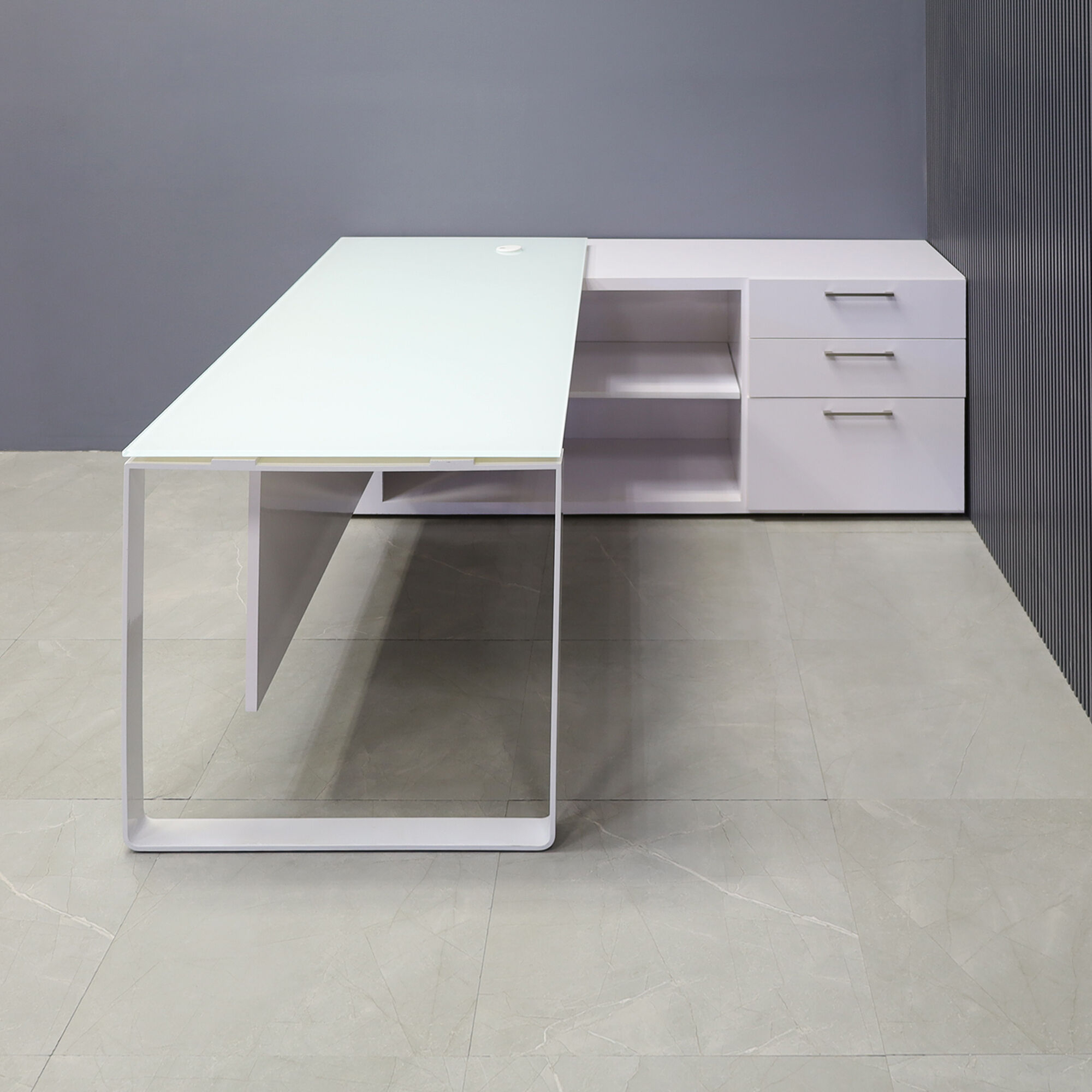 72-inch Aspen Executive Desk with Credenza with 1/2" white tempered glass top, credenza & privacy panel covered in white gloss laminate, and white metal leg, shown here.